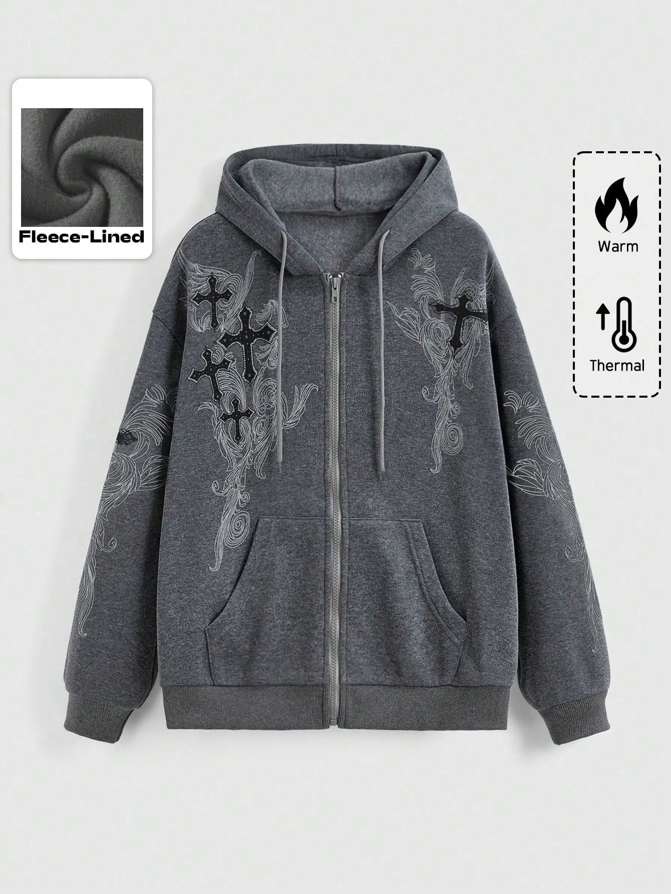 ROMWE Grunge Punk Cross Print Zip Up Drawstring Thermal Lined Hoodie, School,Long Sleeve Tops