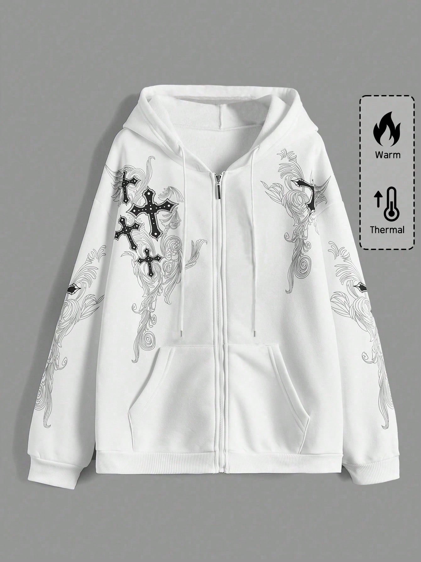 ROMWE Grunge Punk Cross Print Zip Up Drawstring Thermal Lined Hoodie, School,Long Sleeve Tops