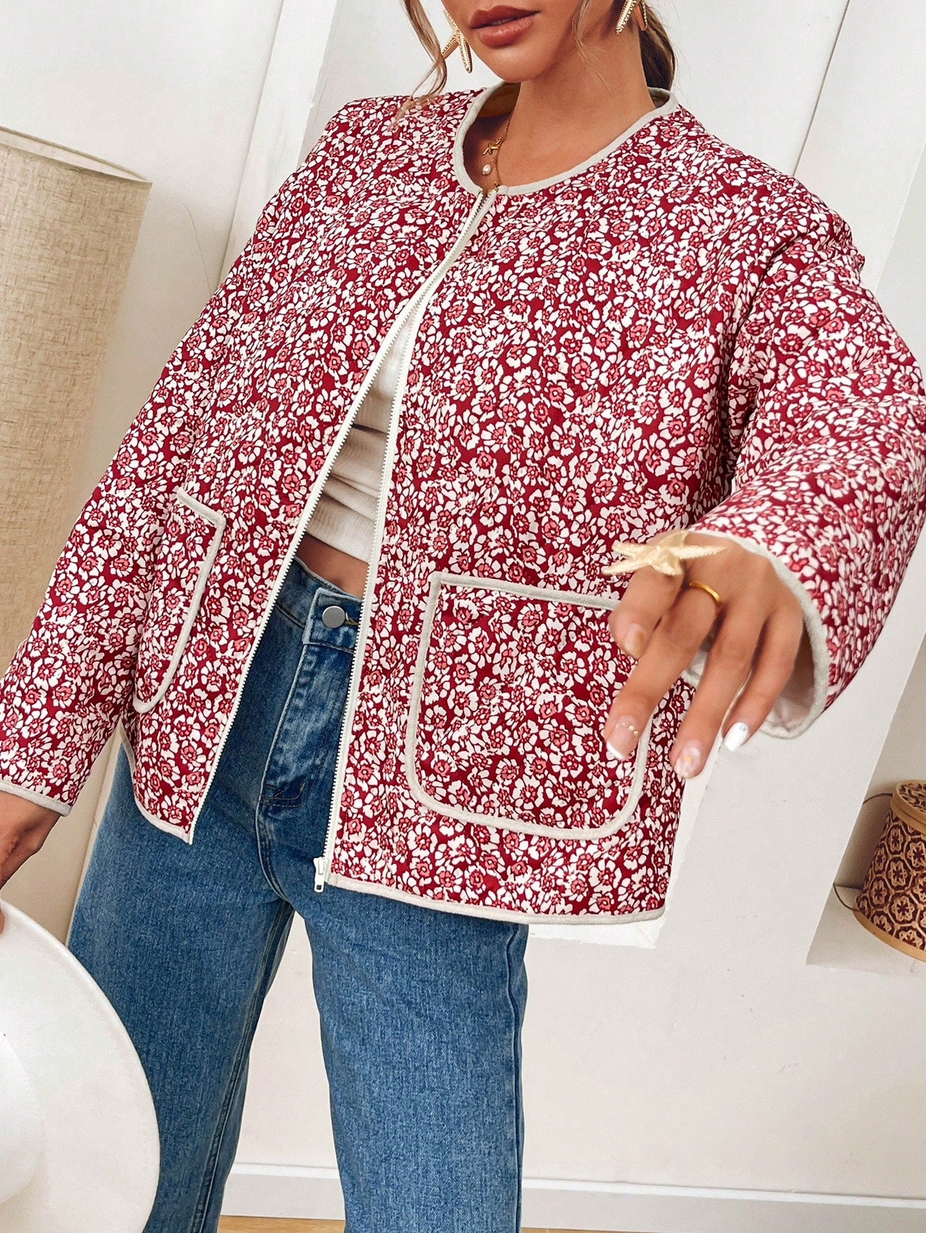 VCAY Women Floral Print Long Sleeve Casual Quilted Padded Coat For Winter