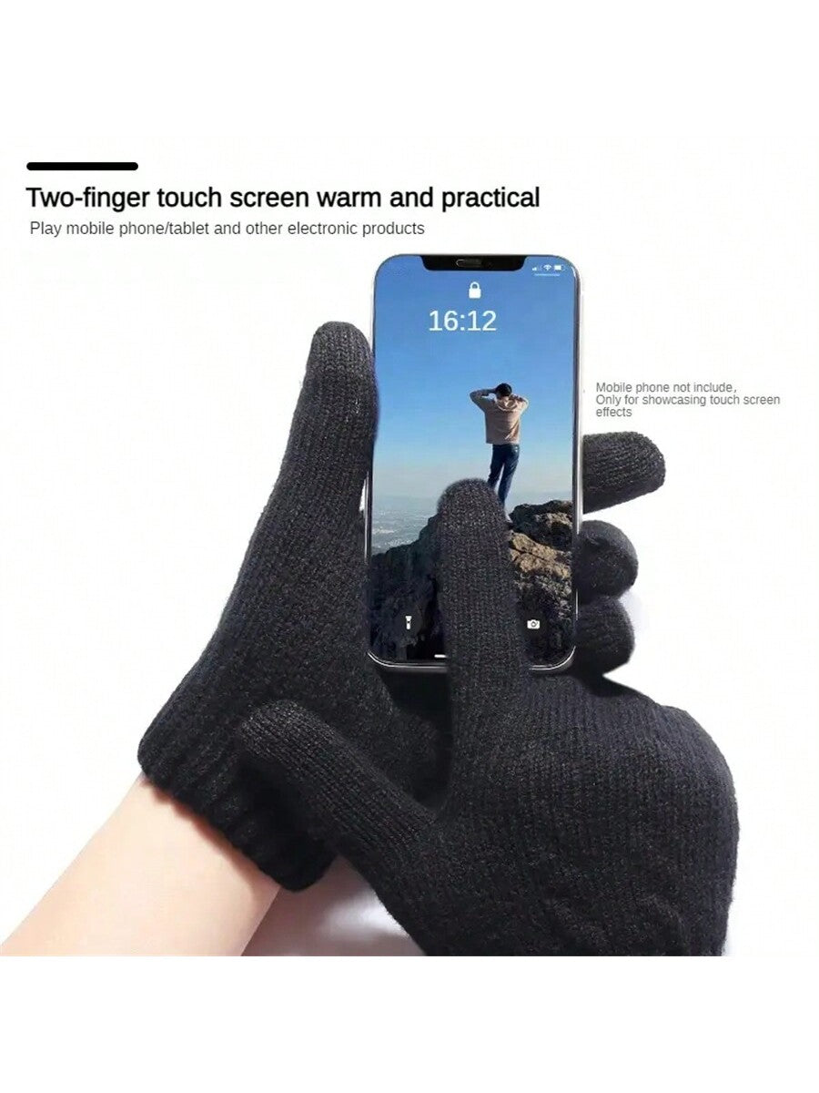 2pcs Winter Gloves Thermal Lined Thick, Korean Style, Cute, Anti-Cold, Touchscreen, Knitted, Random Colors