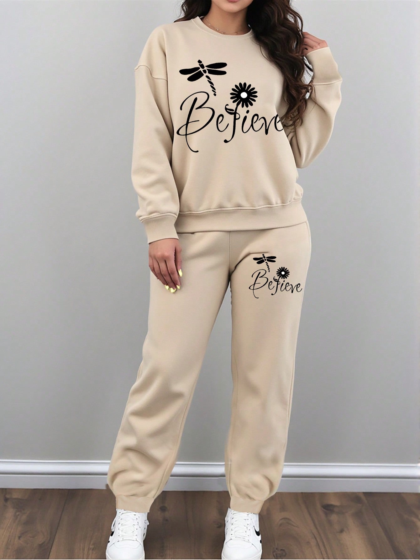 LUNE 2pcs Women Letter Print Crew Neck Sweatshirt And Long Pants Set