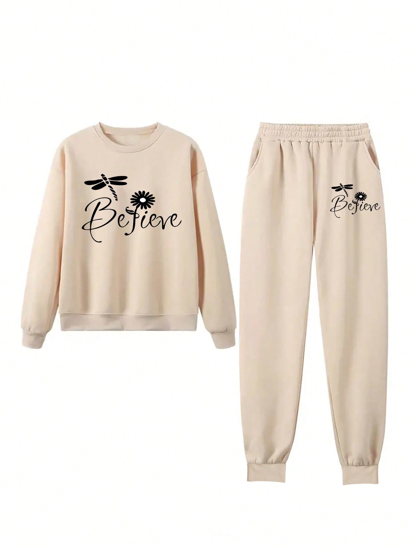 LUNE 2pcs Women Letter Print Crew Neck Sweatshirt And Long Pants Set