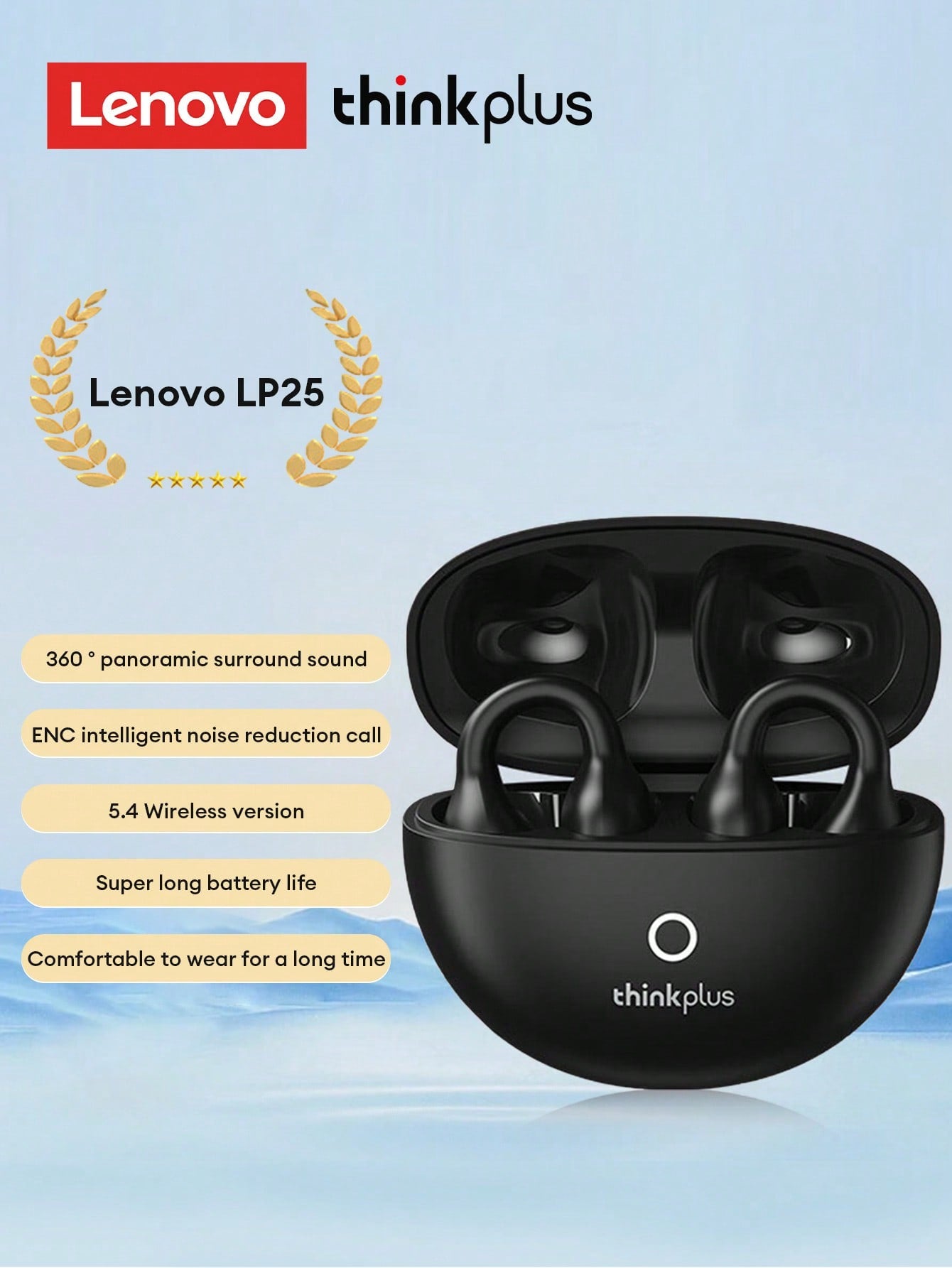 Lenovo LP25 Bluetooth Earphones, Bone Conduction Earclip Style, Bluetooth 5.4, ENC Noise Cancellation, Long Endurance, Smart Touch Control, Compatible With Apple/Android Tablets