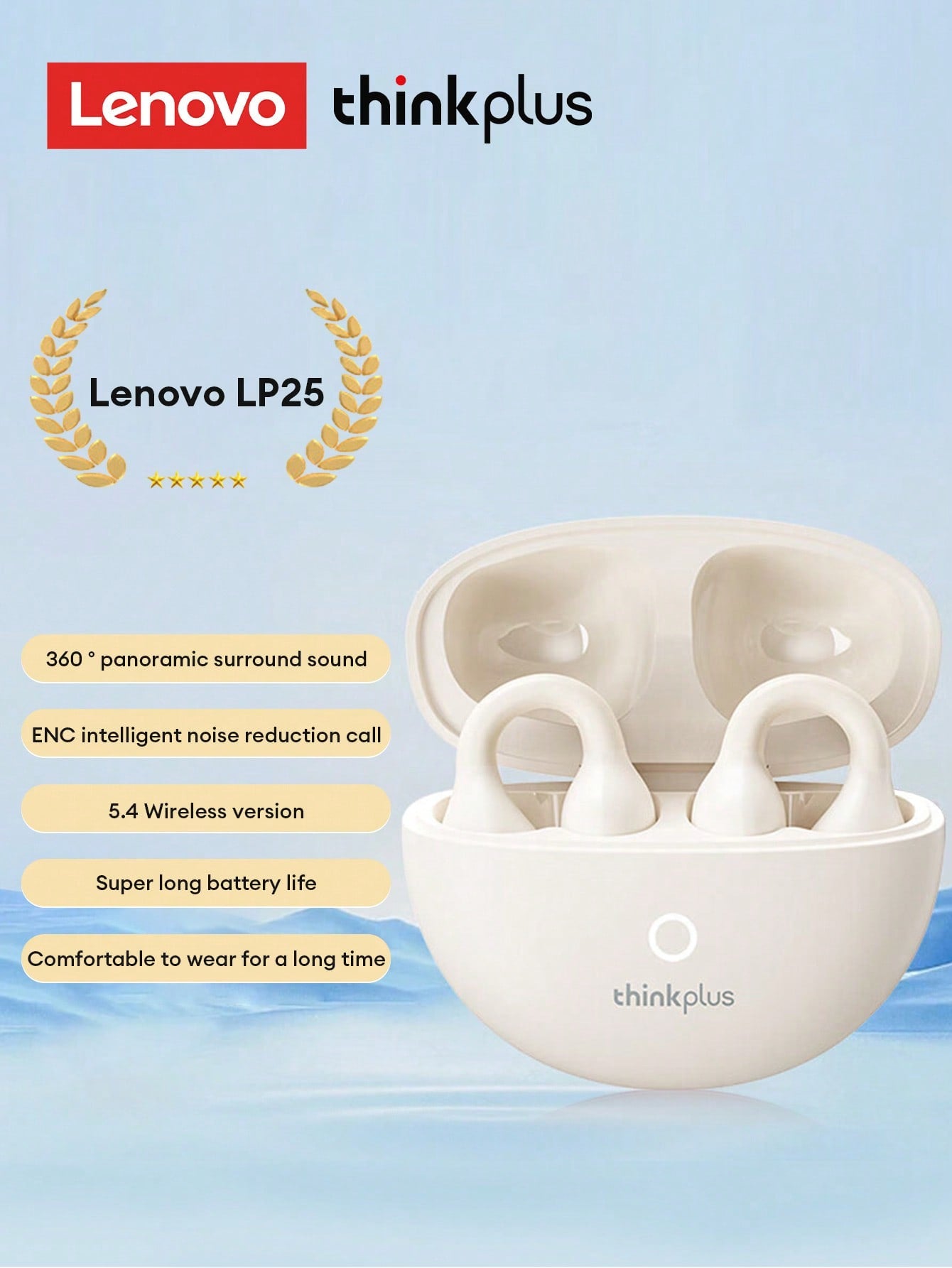 Lenovo LP25 Bluetooth Earphones, Bone Conduction Earclip Style, Bluetooth 5.4, ENC Noise Cancellation, Long Endurance, Smart Touch Control, Compatible With Apple/Android Tablets