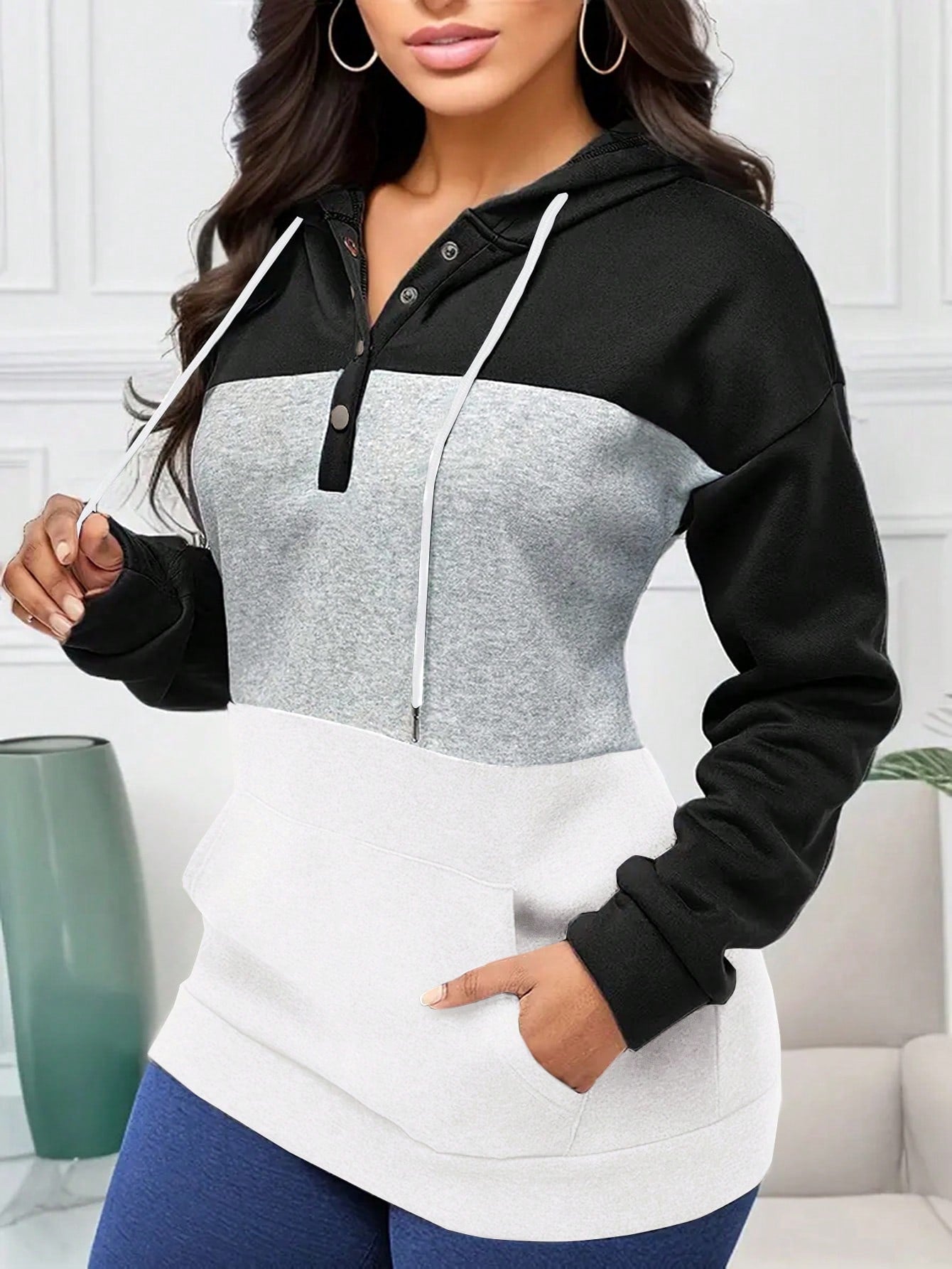 INAWLY Women's Colorblock Drawstring Hoodie,Long Sleeve Tops