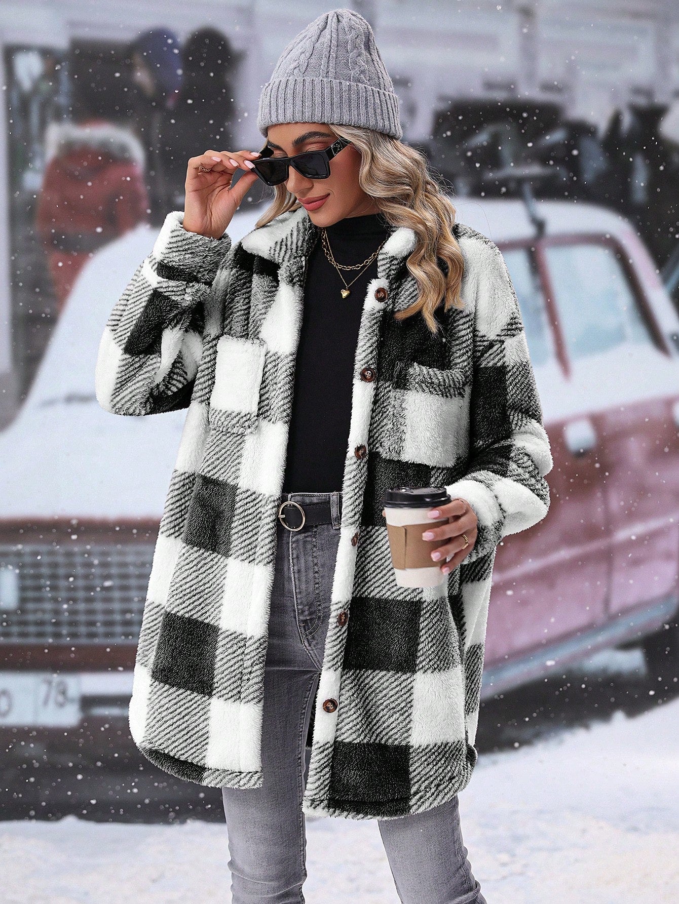 LUNE Buffalo Plaid Pattern Drop Shoulder Teddy Coat