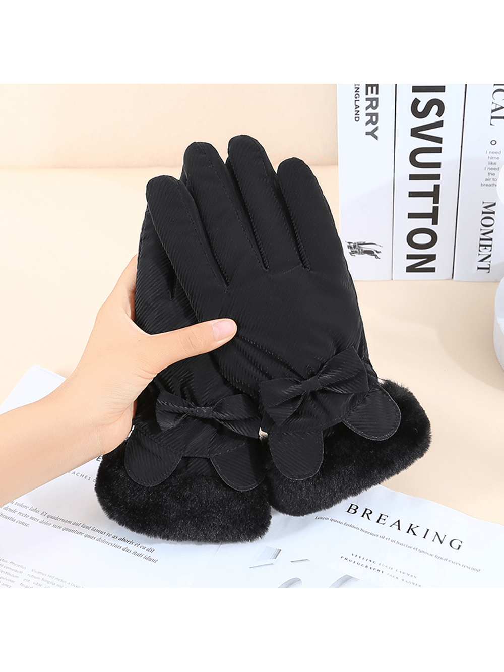 1pc Women's Bowknot Touch Screen Thermal Gloves, Windproof Waterproof Ski Outdoor Riding Driving Warm 5 Fingers Gloves, Autumn/Winter