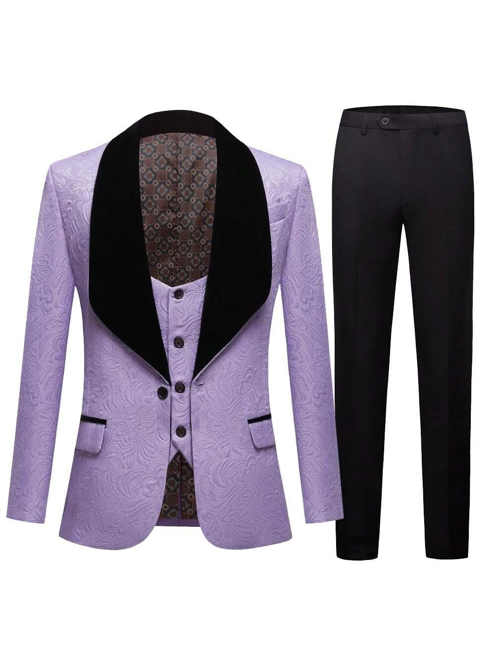 Suits For Men 3 Piece Regular Fit Set With Floral Pattern Blazer Jacket, Waistcoat And Pants For Wedding (Suit Jacket   Pants   Vest)-Purple