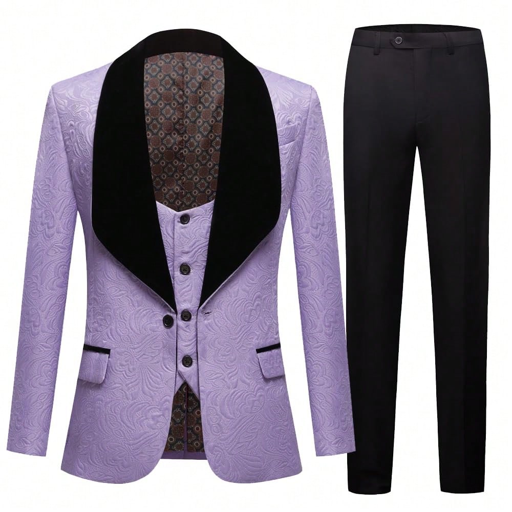 Suits For Men 3 Piece Regular Fit Set With Floral Pattern Blazer Jacket, Waistcoat And Pants For Wedding (Suit Jacket   Pants   Vest)-Purple