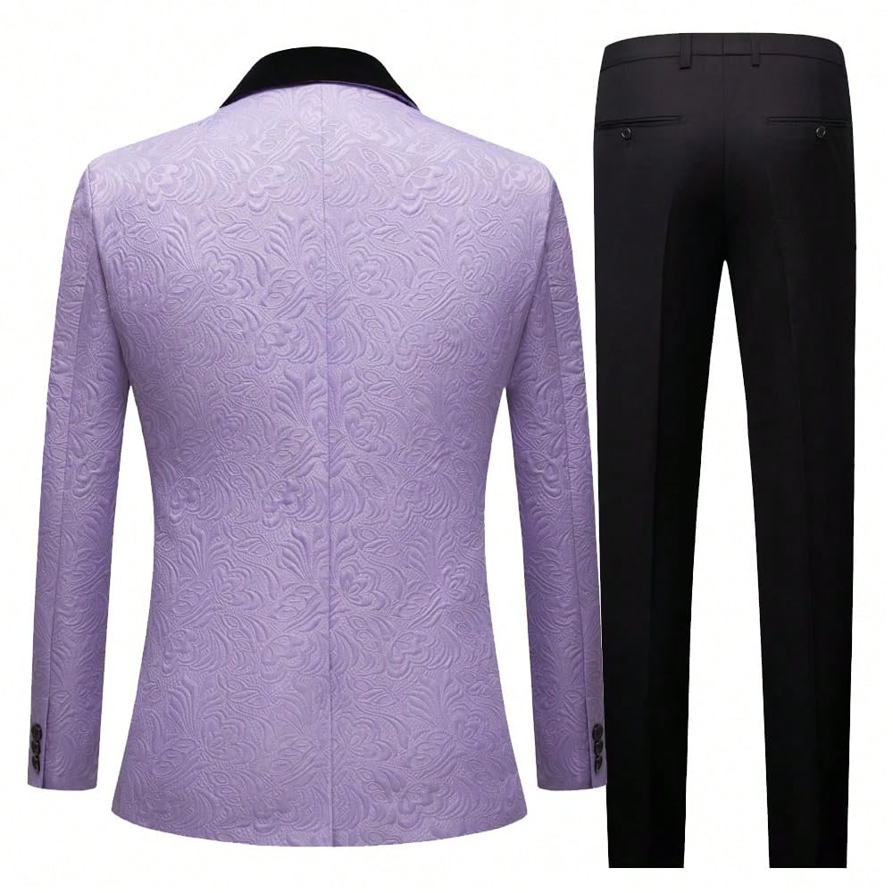 Suits For Men 3 Piece Regular Fit Set With Floral Pattern Blazer Jacket, Waistcoat And Pants For Wedding (Suit Jacket   Pants   Vest)-Purple