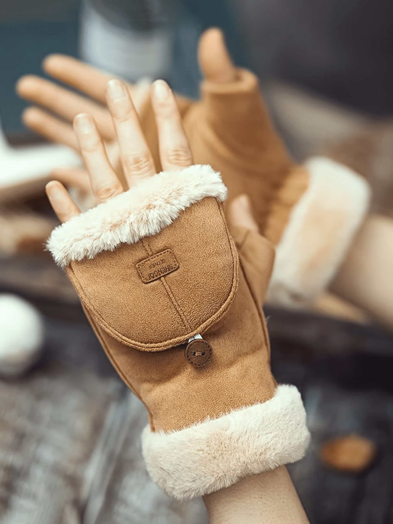 1 Pair Autumn And Winter Warm And Fashionable Touchscreen Compatible Suede Flap Cycling Gloves