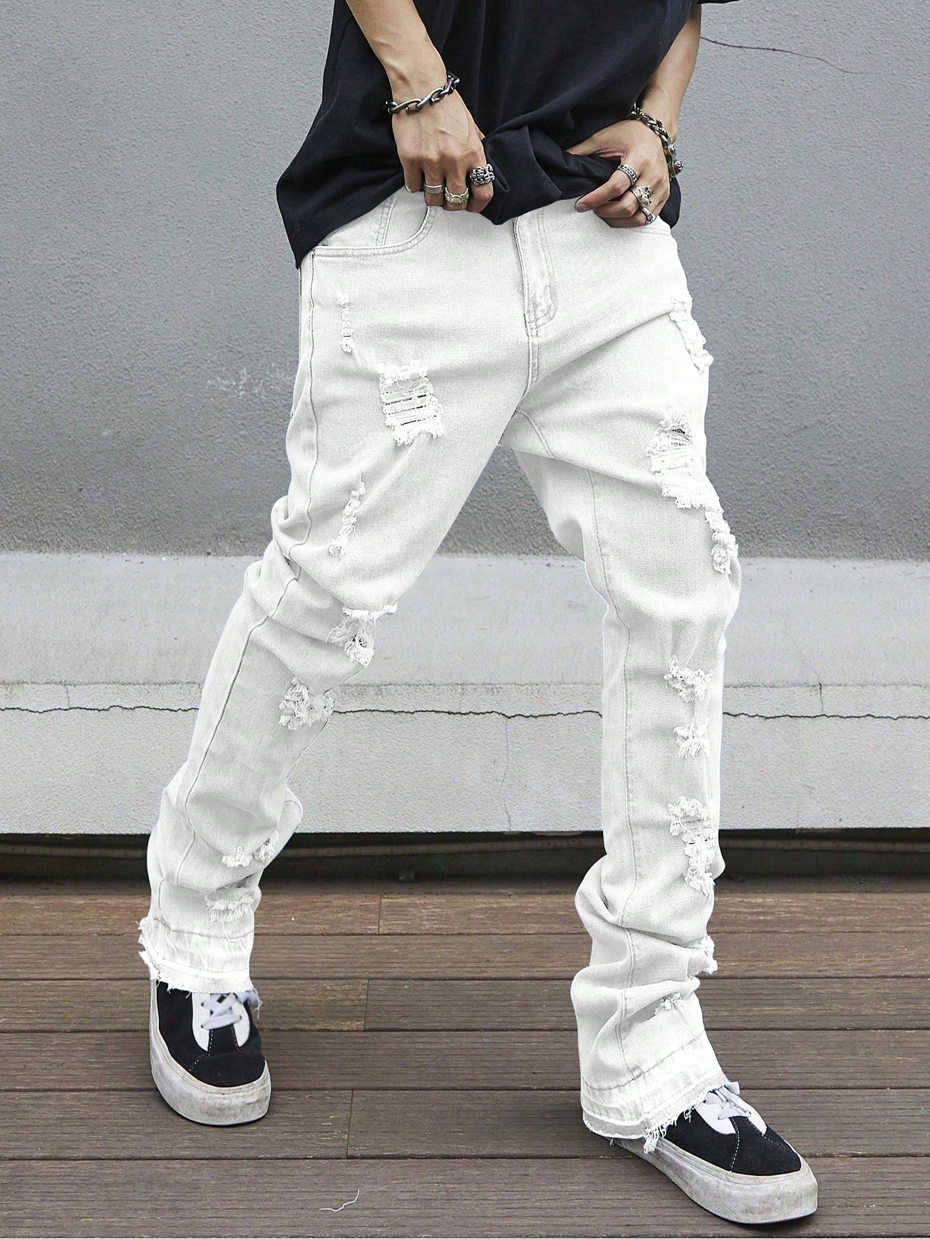 Manfinity LEGND Tight Flare Hem Full Length Distressed Pockets Plain Color Denim Jeans