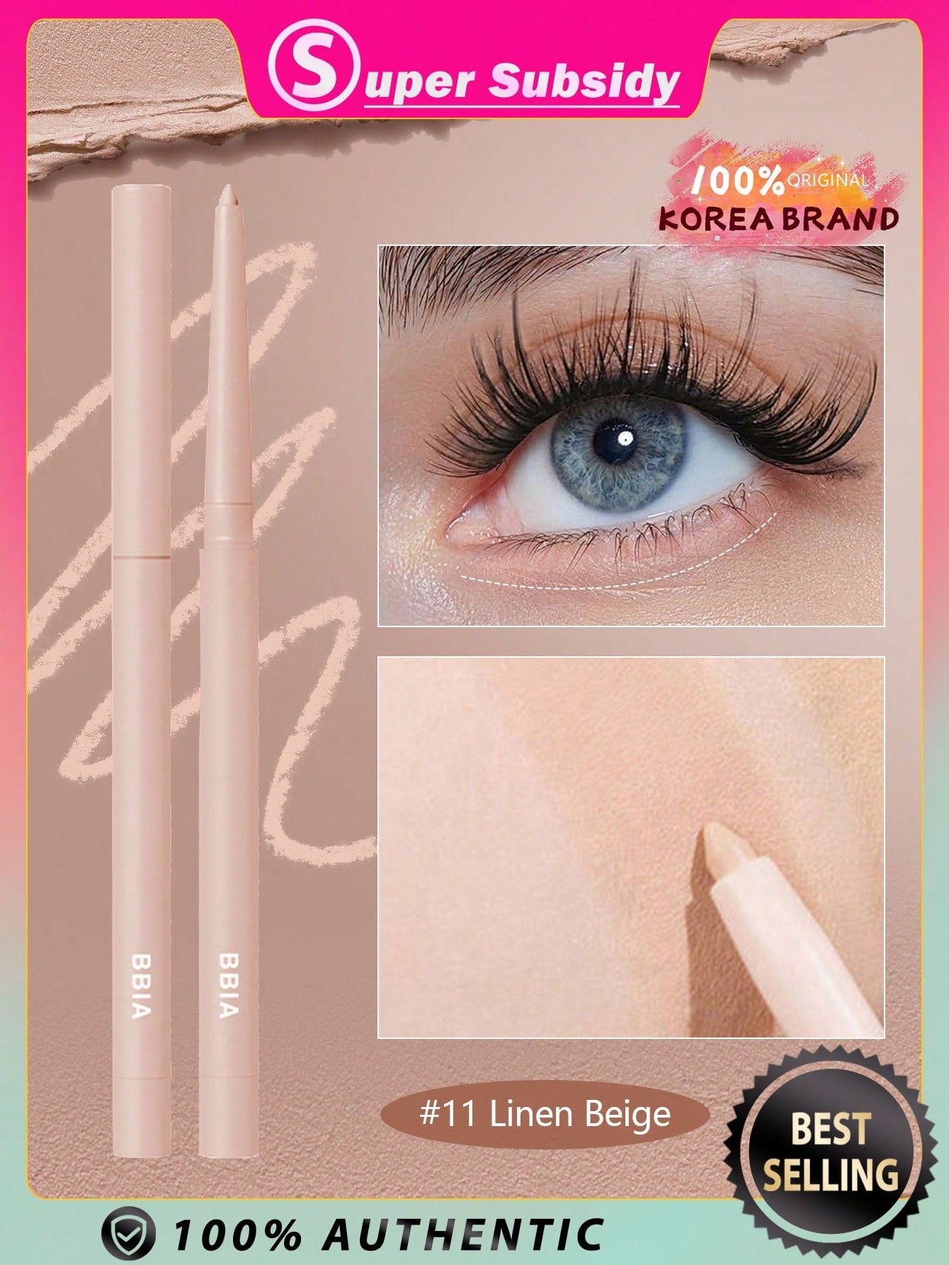 Bbia Last Auto Gel Eyeliner 0.3g - 12 Cream Beige, Eyeliner Gel Pencil, Easy Drawing With Quick Dry, Long-Wearing, Ultra-Smooth, Smudge-Proof, Shadow