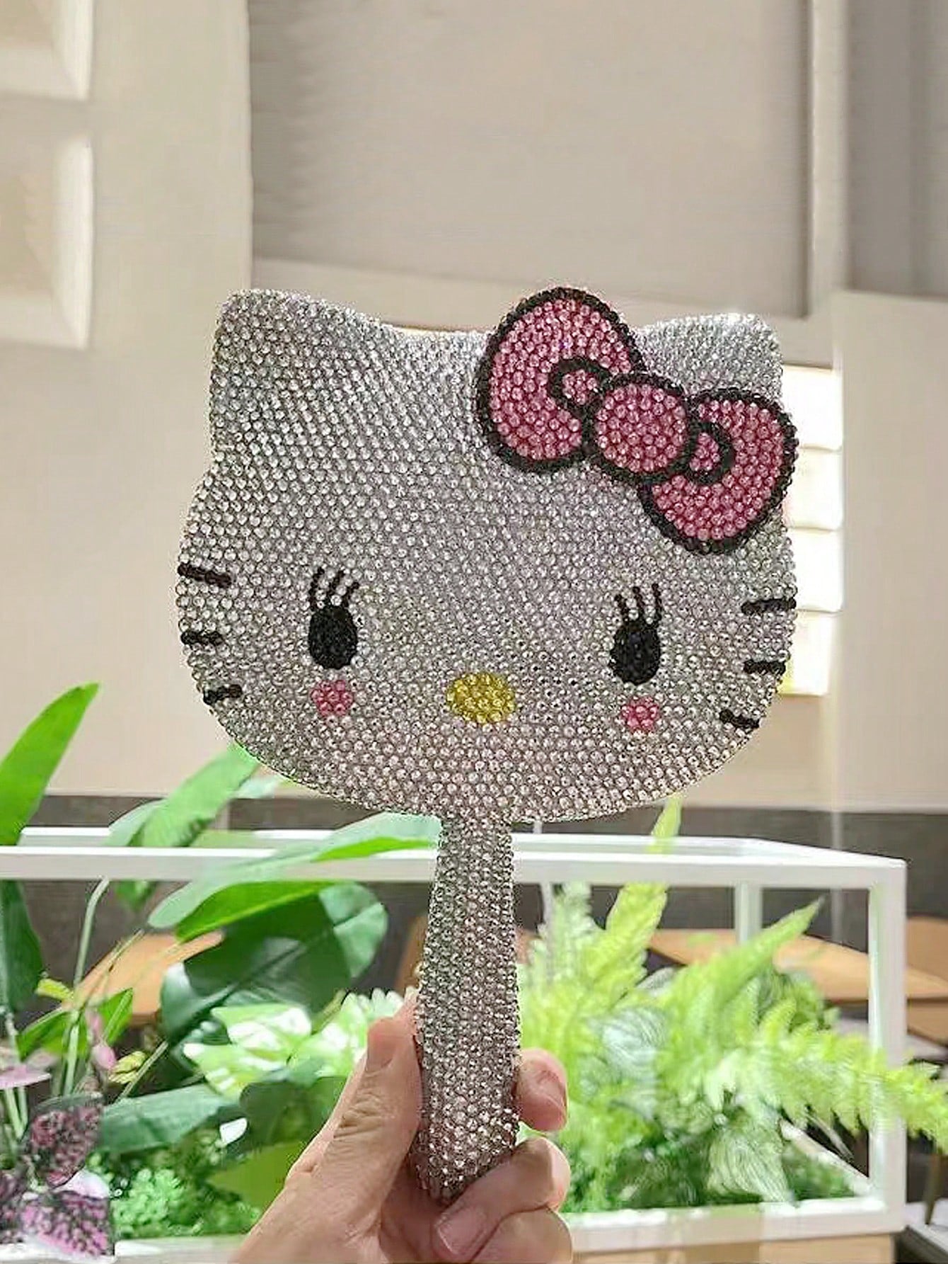 1pc Cartoon Cat Rhinestone Makeup Mirror, Girly Pink Rotating Vanity Mirror Best Gifts