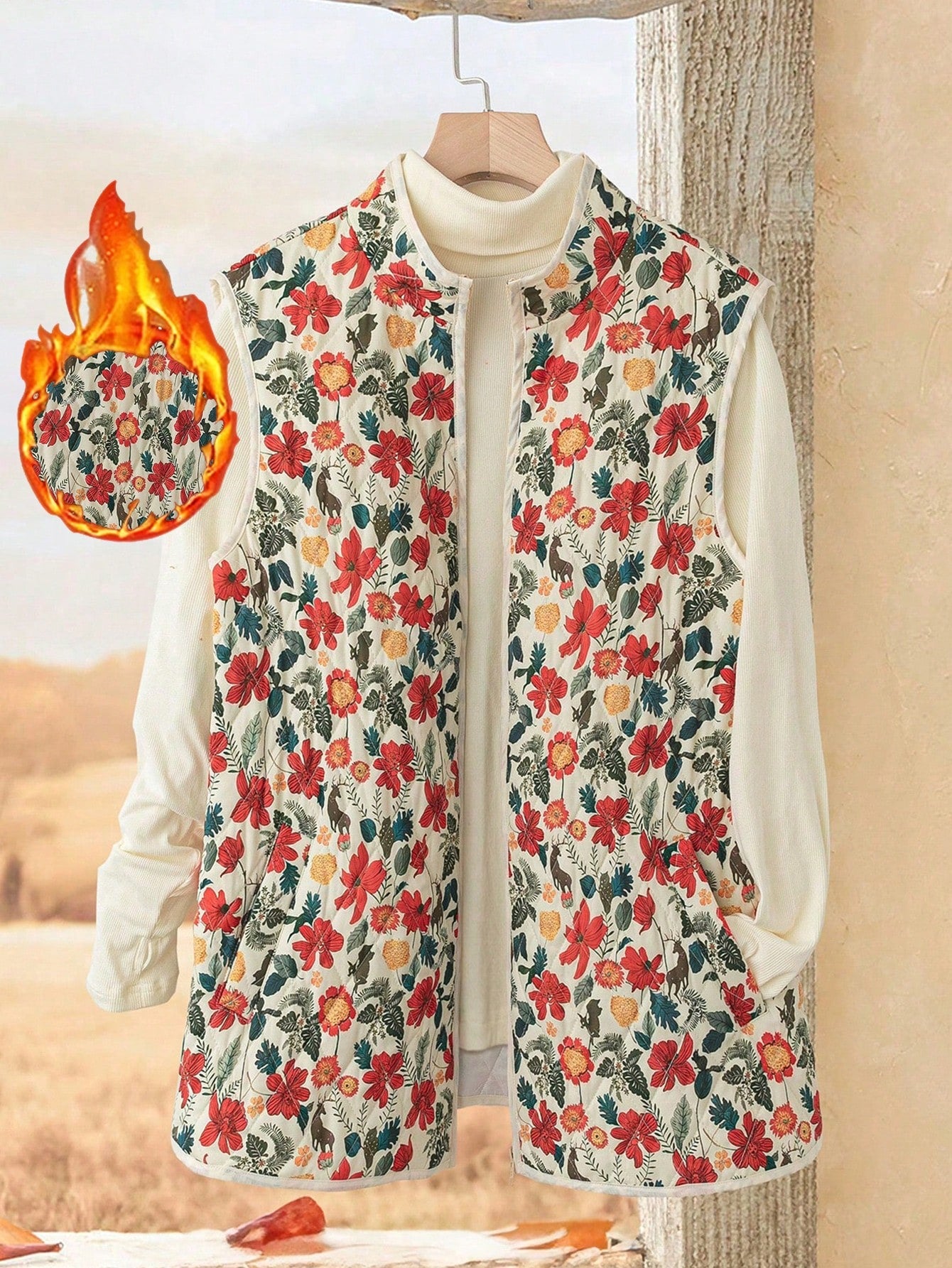 EMERY ROSE Plus Size Floral Print Zipped Sleeveless Padded Coat,Winter Coat Women,Jacket Women Winter