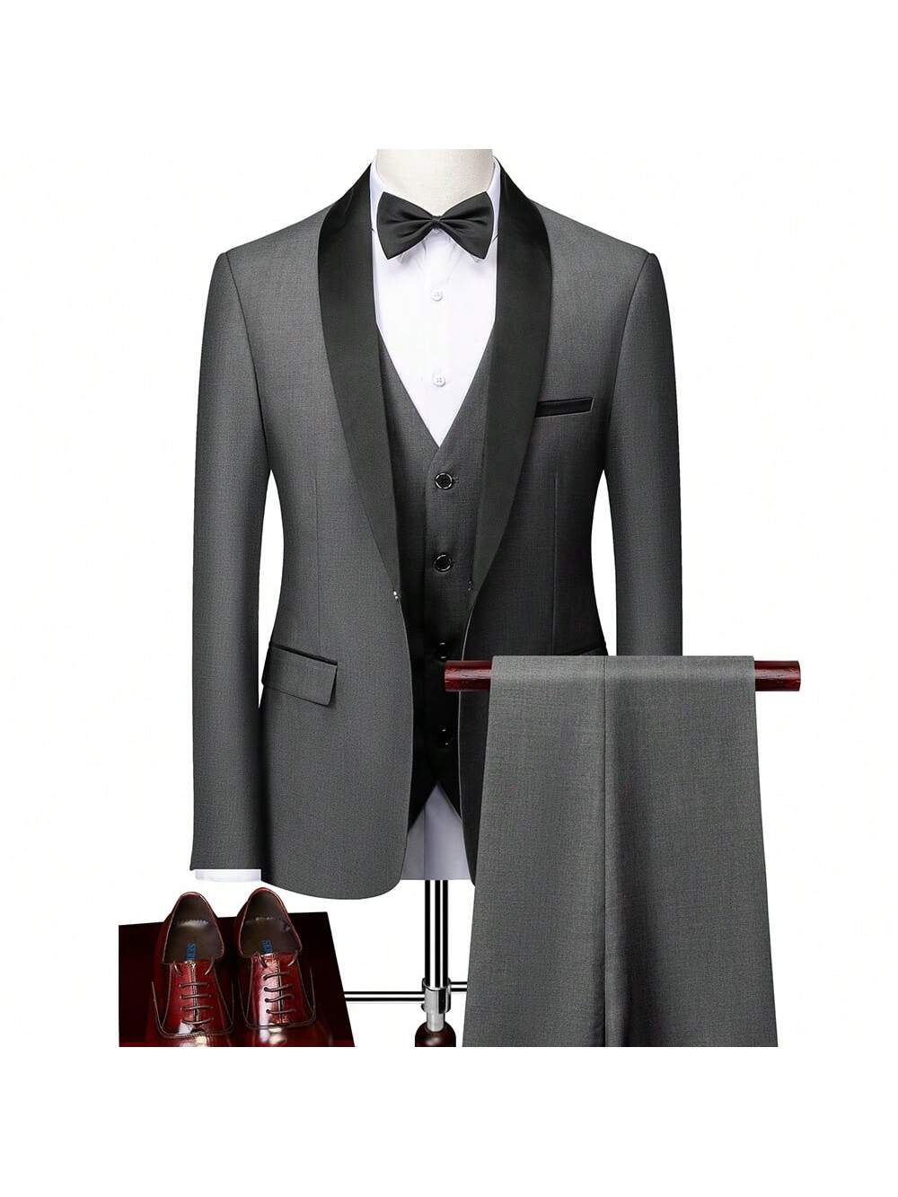 Men 380 Grams TR Elastic Fabric 3 Pieces Set Formal Slim Fit Tuxedo Prom Suit Male Groom Wedding Blazers High Quality Groomsman Luxury Dress Jacket Coat Pants Vest Business Banquet Party Suit