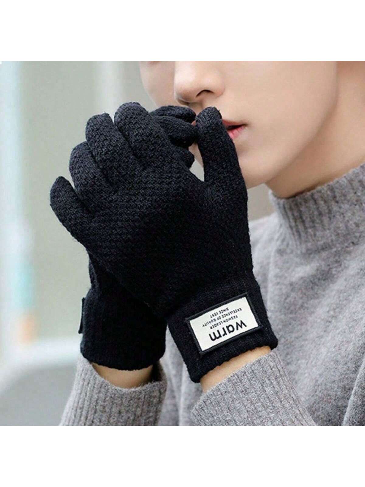 1 Pair Of Men's Winter Knitted Gloves, Flap Half Finger Design - Thick Warm Windproof, Suitable For Outdoor Activities Suitable For Student Couples