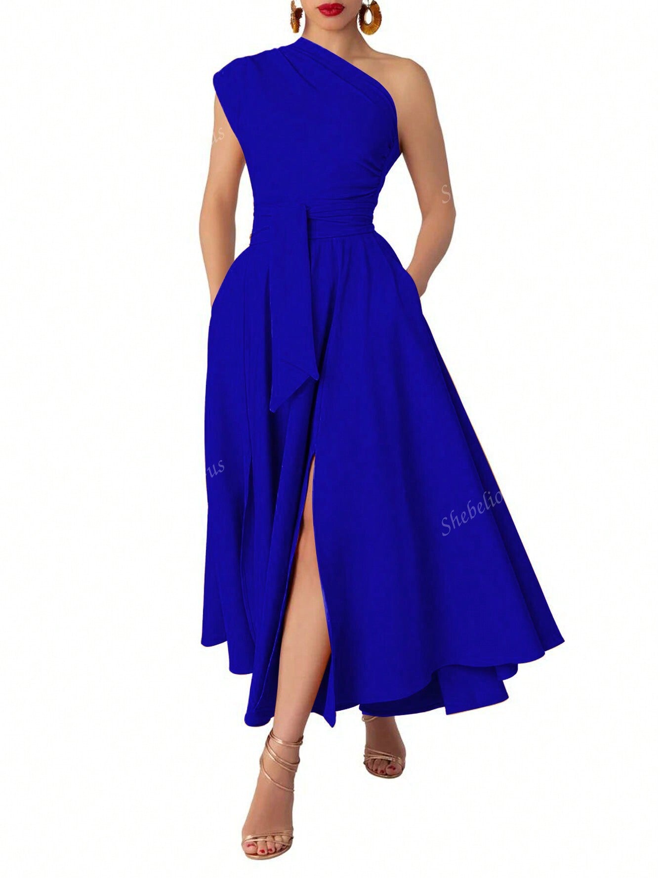 Women's Solid Color Simple Casual Asymmetric Shoulder Waisted Dress