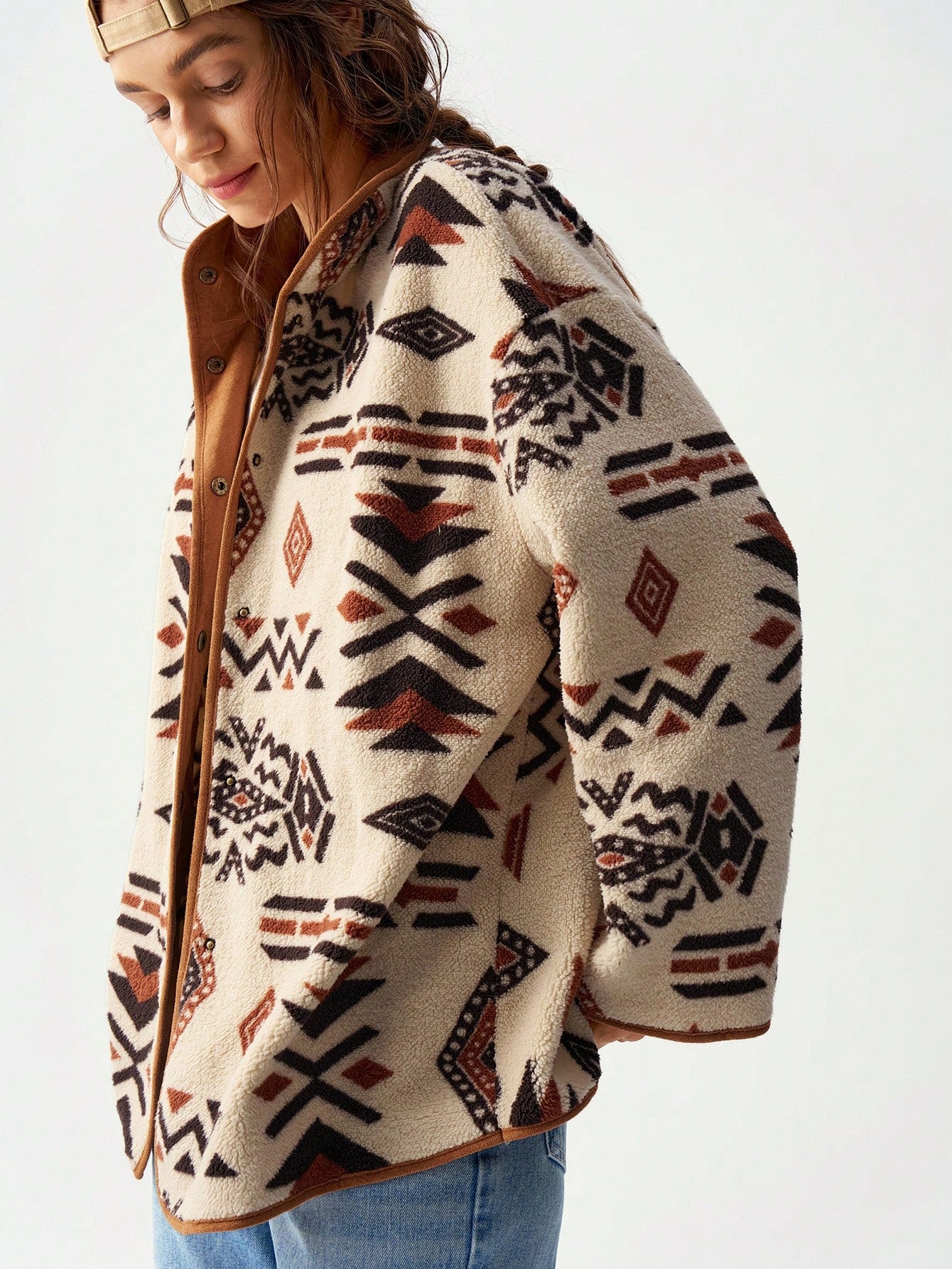 Bohemela Women's Casual Geometric Print Reversible Fleece Jacket, Fall/Winter