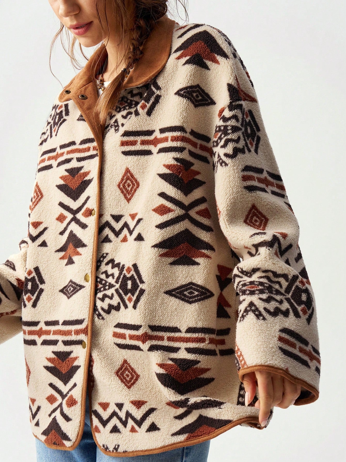 Bohemela Women's Casual Geometric Print Reversible Fleece Jacket, Fall/Winter