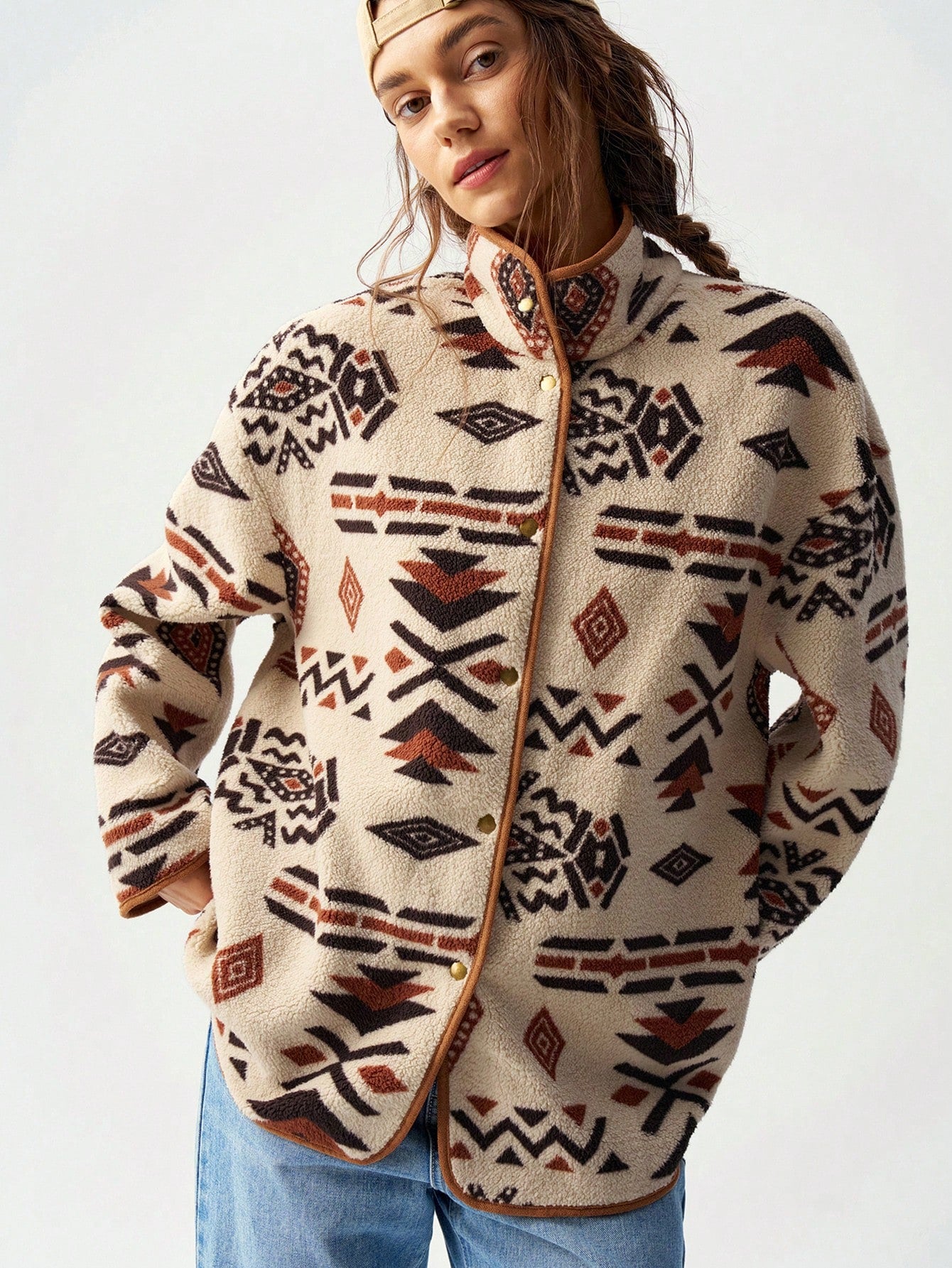 Bohemela Women's Casual Geometric Print Reversible Fleece Jacket, Fall/Winter