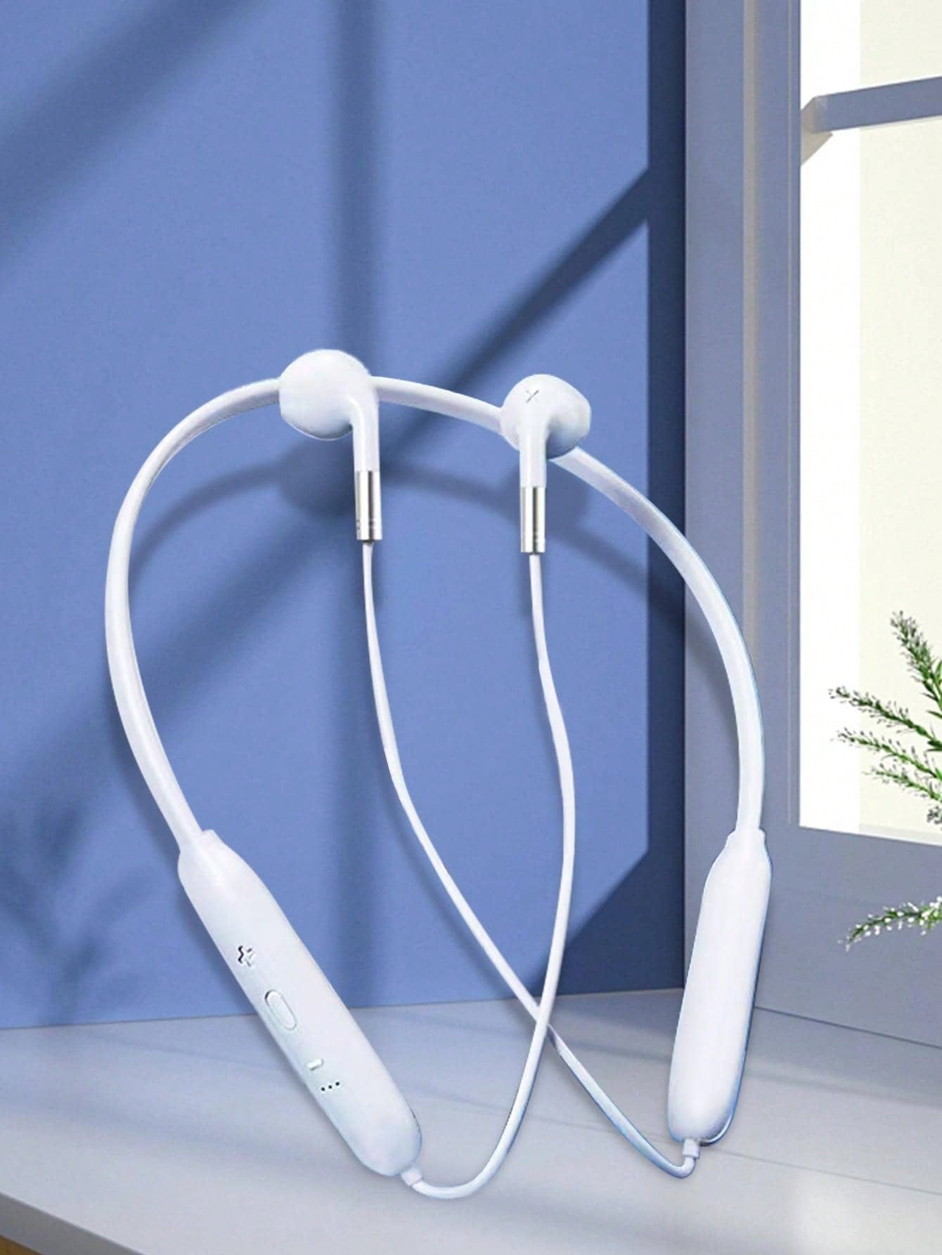 White Neck-Mounted Bluetooth Earphones, Waterproof And Sweatproof With Controls, Running Earbuds