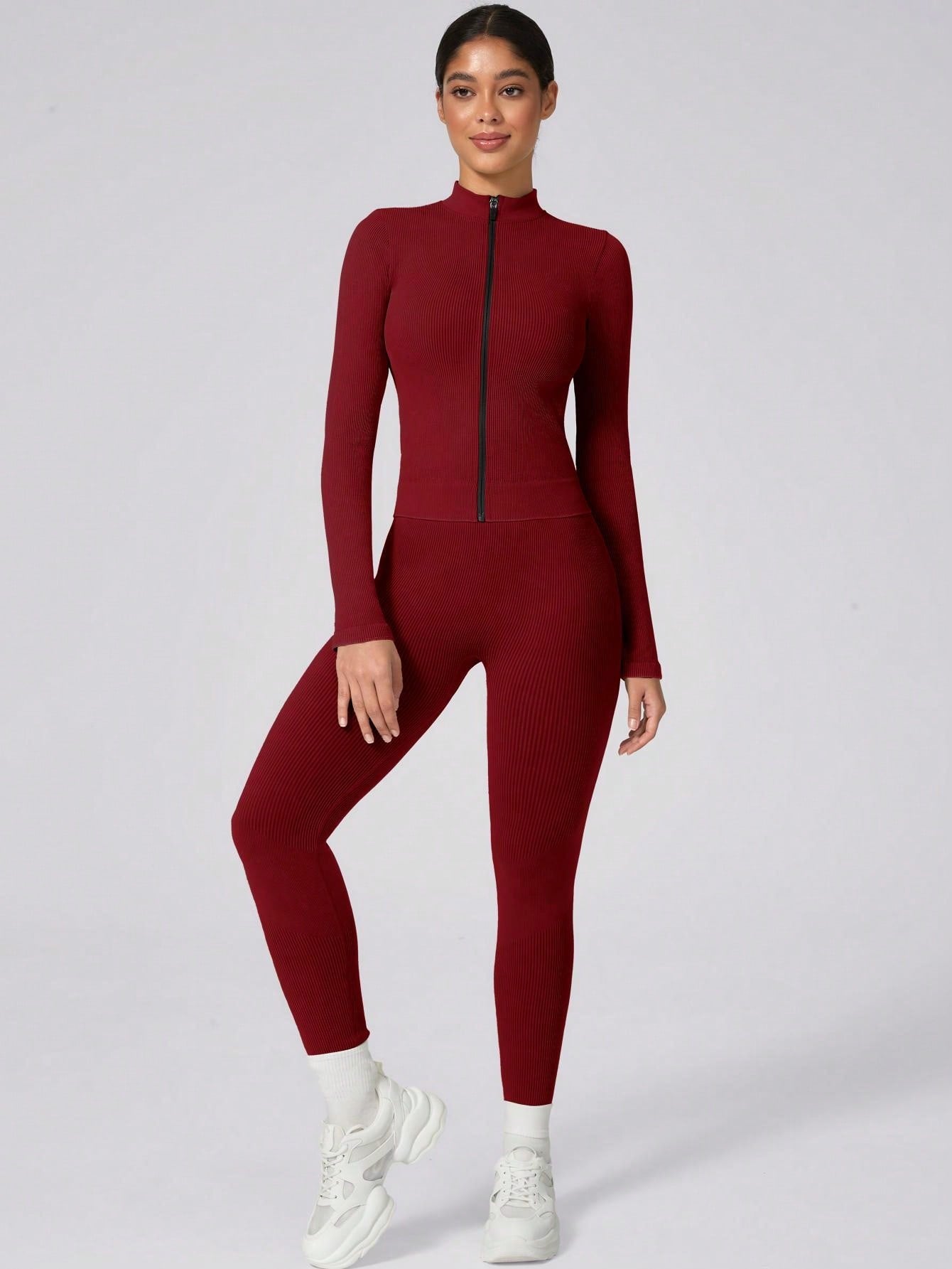 1 Set Women Winter Long Active Wear, Ribbed Zipper Base Layer Sportswear Set - Jacket And Stretchy Butt-Lifting Sweatpants