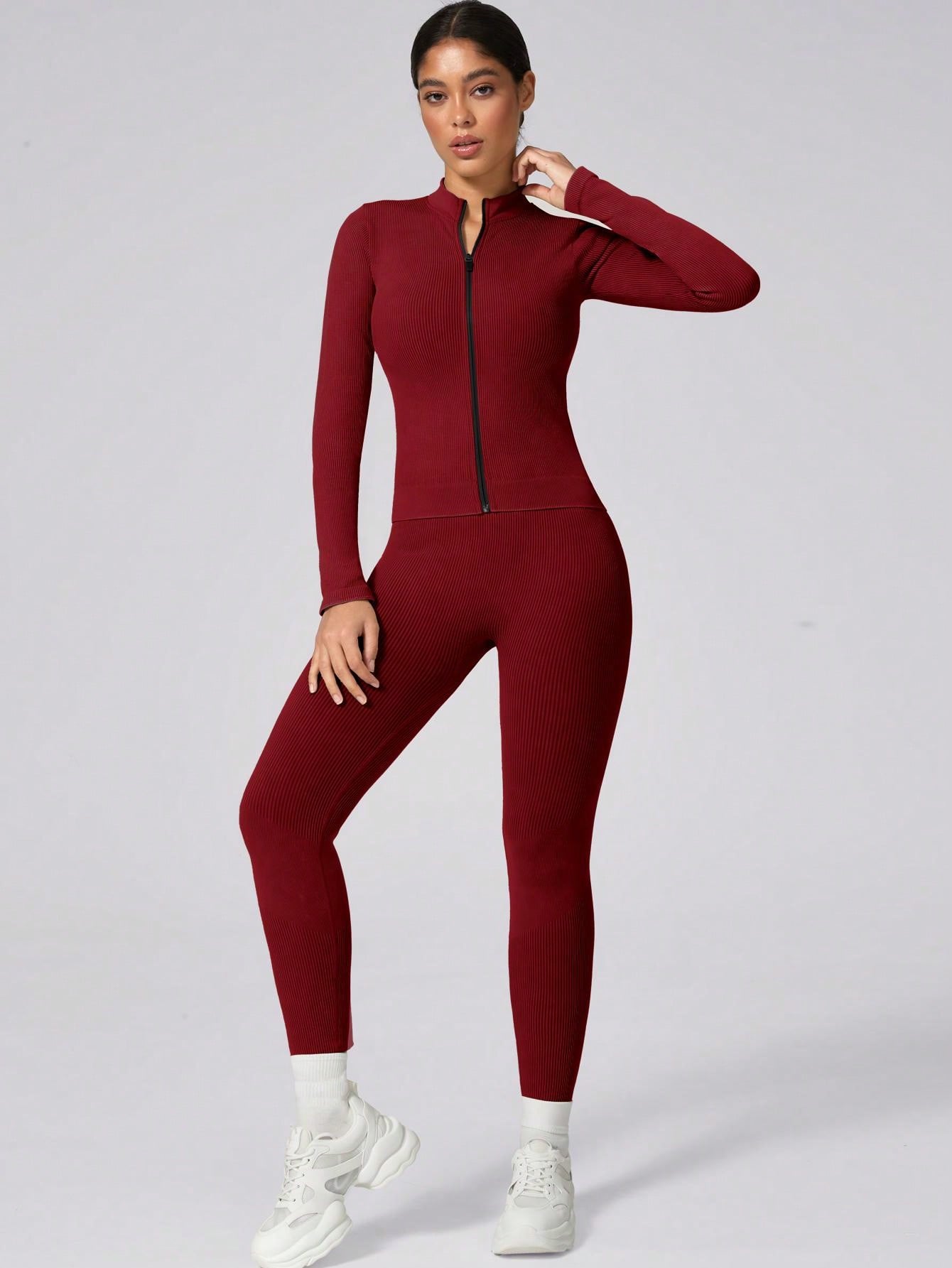 1 Set Women Winter Long Active Wear, Ribbed Zipper Base Layer Sportswear Set - Jacket And Stretchy Butt-Lifting Sweatpants