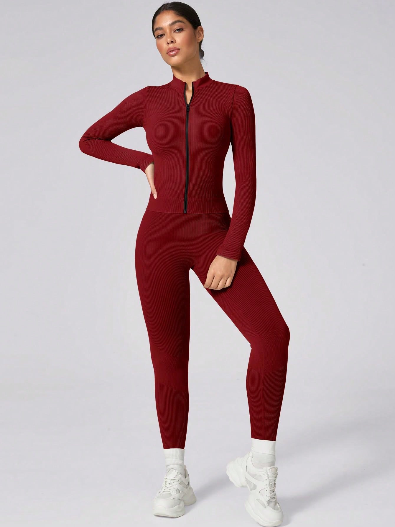 1 Set Women Winter Long Active Wear, Ribbed Zipper Base Layer Sportswear Set - Jacket And Stretchy Butt-Lifting Sweatpants