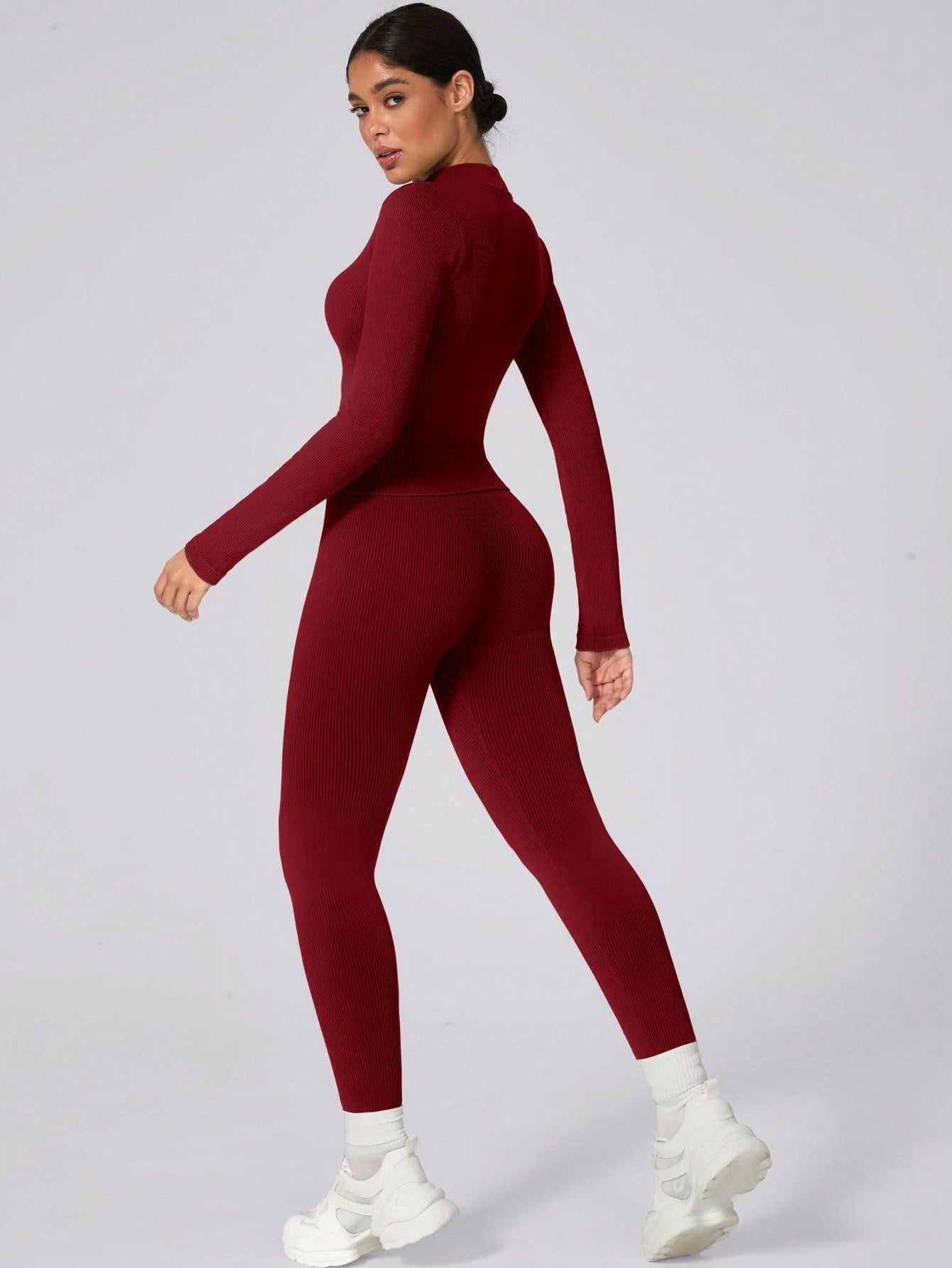 1 Set Women Winter Long Active Wear, Ribbed Zipper Base Layer Sportswear Set - Jacket And Stretchy Butt-Lifting Sweatpants