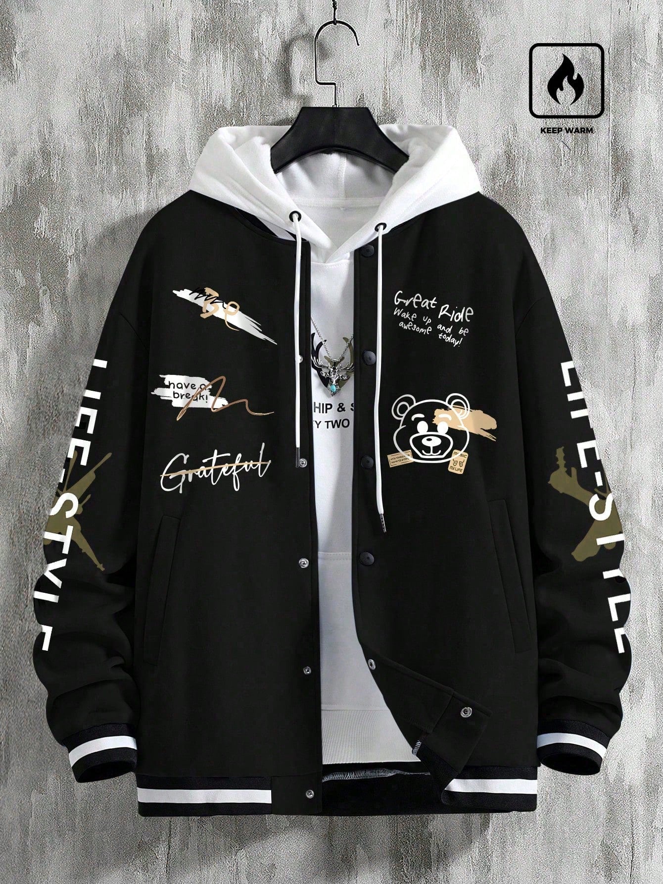 Manfinity EMRG Men's Loose Slogans Cartoon Bear Print Long Sleeve Casual Baseball Jacket, Autumn