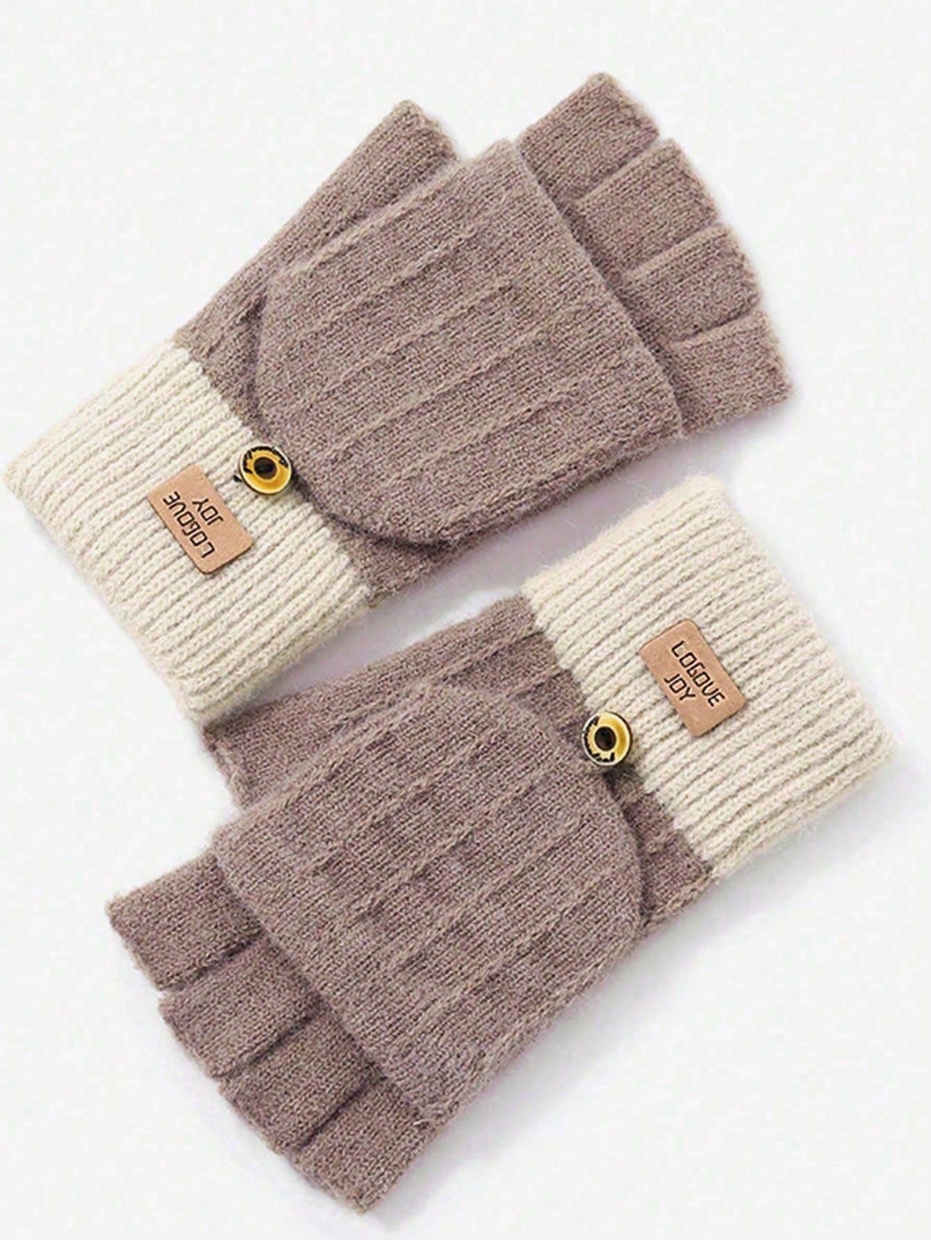 1 Pair Women's Fashion Winter Warm Fingerless Flip Mitten Gloves, Solid Color Knitted Halloween