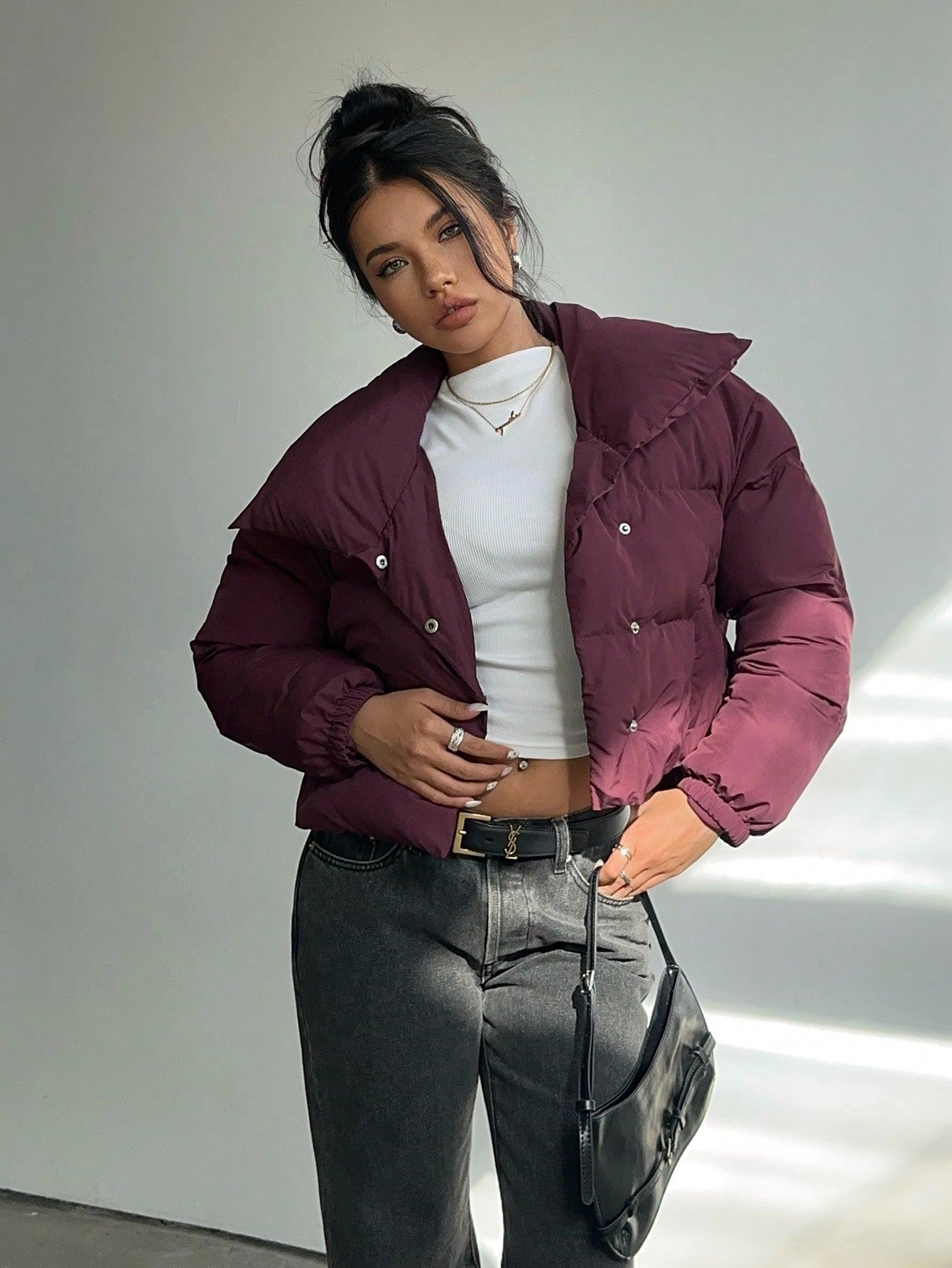 Aloruh Women's Casual Thick Warm Turndown Collar Padded Coat In Wine Red Burgundy CoatWinter Jacket Winter Coat New Years Coat