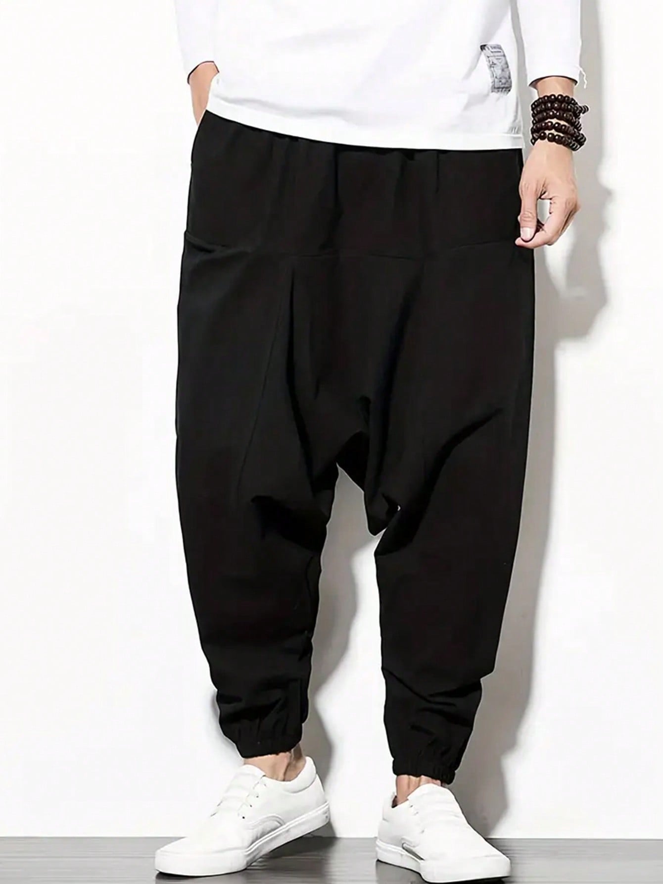 Men's Linen Blend Drawstring Harem Pants, Bohemian Casual Loose Fit Beach Pants, Street Wear Hip Hop Rapper Style