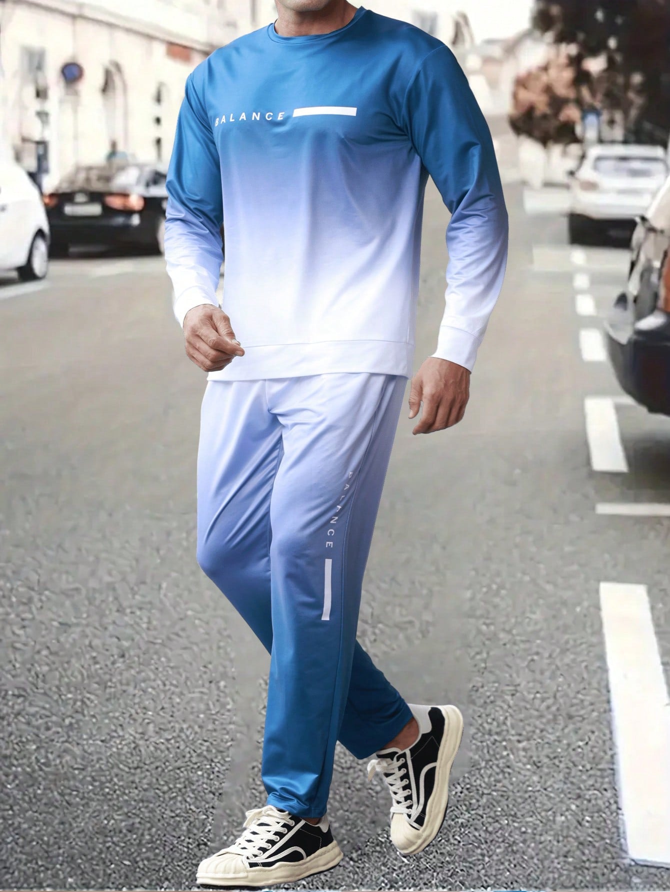 Manfinity Sport Corelite Boyfriend Style Men's Letter Print Gradient Color Crew Neck Long Sleeve Top And Pants Tracksuit Set