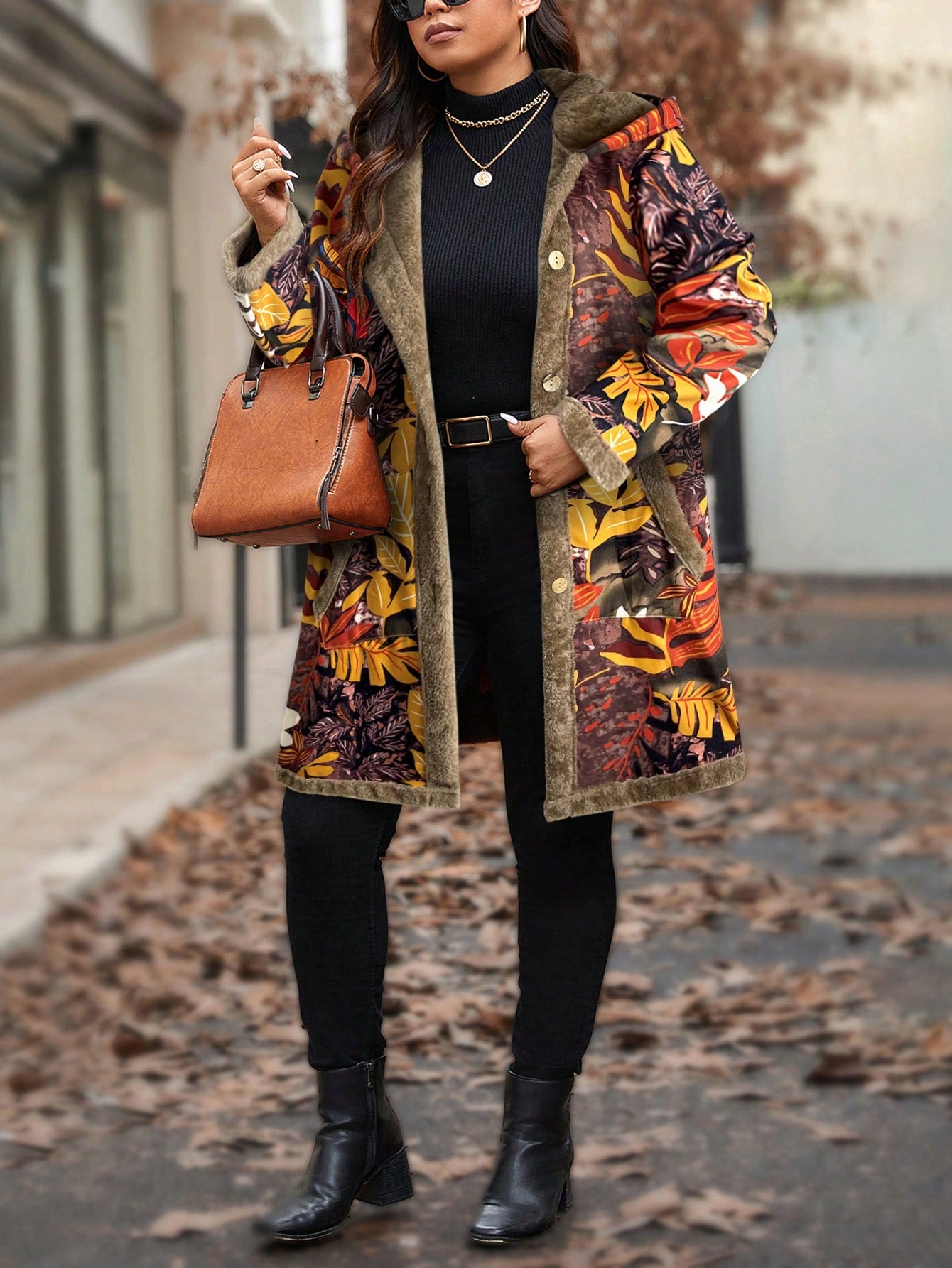 LUNE Plus Size Floral Print Thermal Lined Retro Jacket