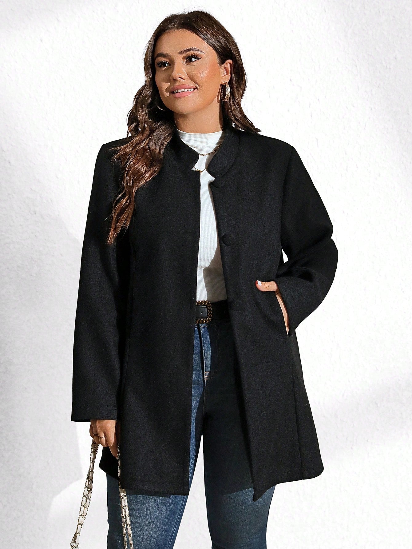 LUNE Plus Size Women Stand Collar Black Solid Long Sleeve Large Button Jacket, Autumn/Winter