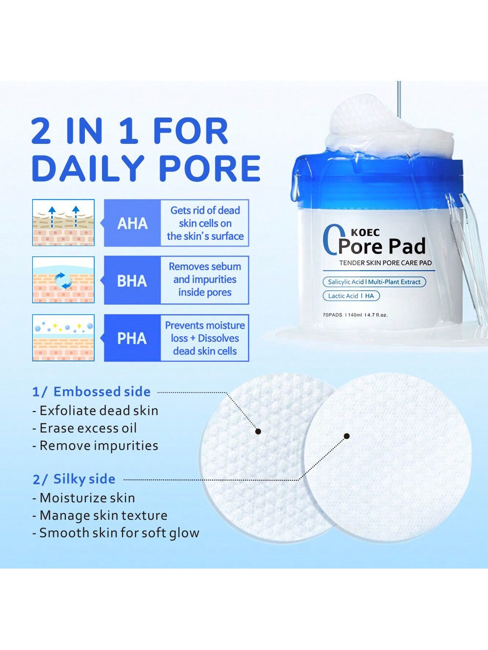 KOEC KOEC Zero Pore Pads 70Pads, Dual-Textured Facial Toner Pads For Exfoliation And Pore Care With AHA Lactic Acid