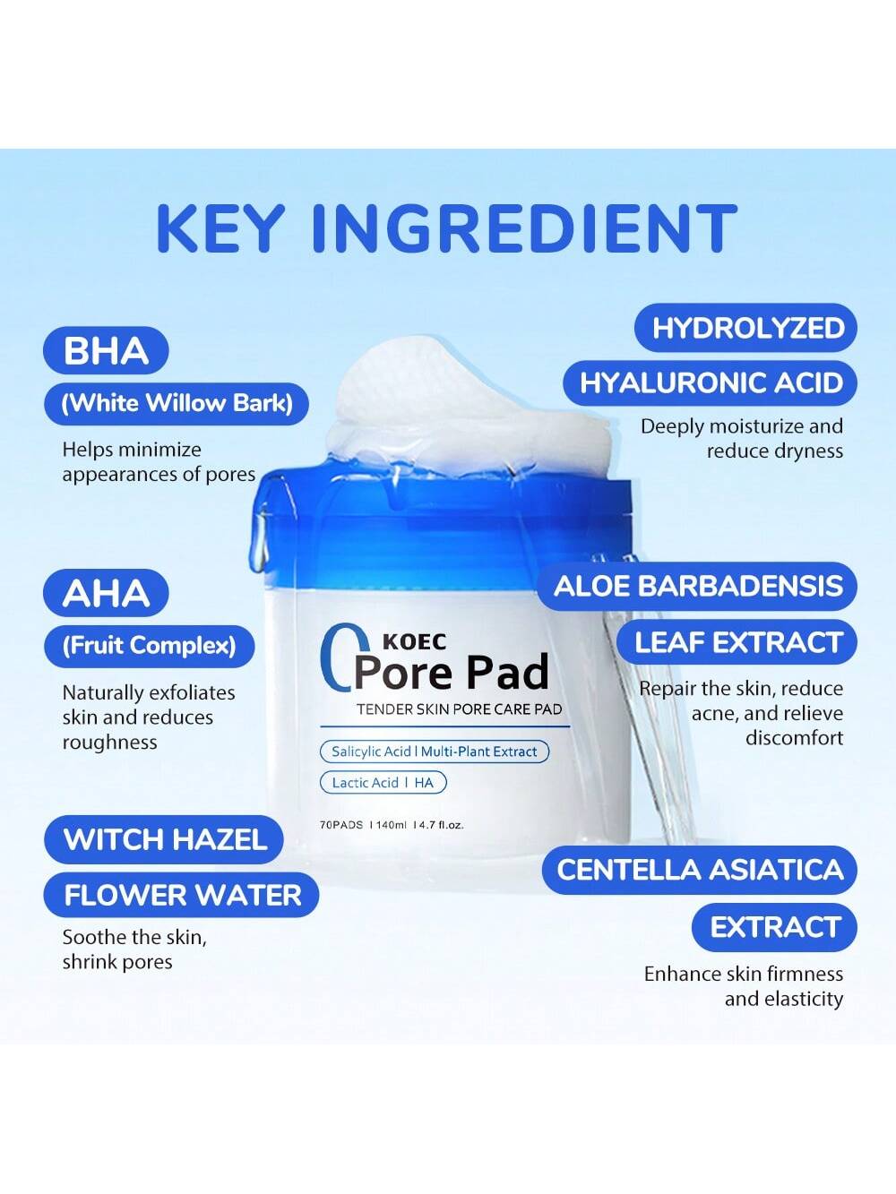 KOEC KOEC Zero Pore Pads 70Pads, Dual-Textured Facial Toner Pads For Exfoliation And Pore Care With AHA Lactic Acid