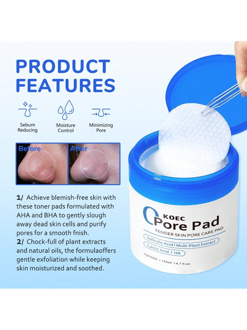 KOEC KOEC Zero Pore Pads 70Pads, Dual-Textured Facial Toner Pads For Exfoliation And Pore Care With AHA Lactic Acid