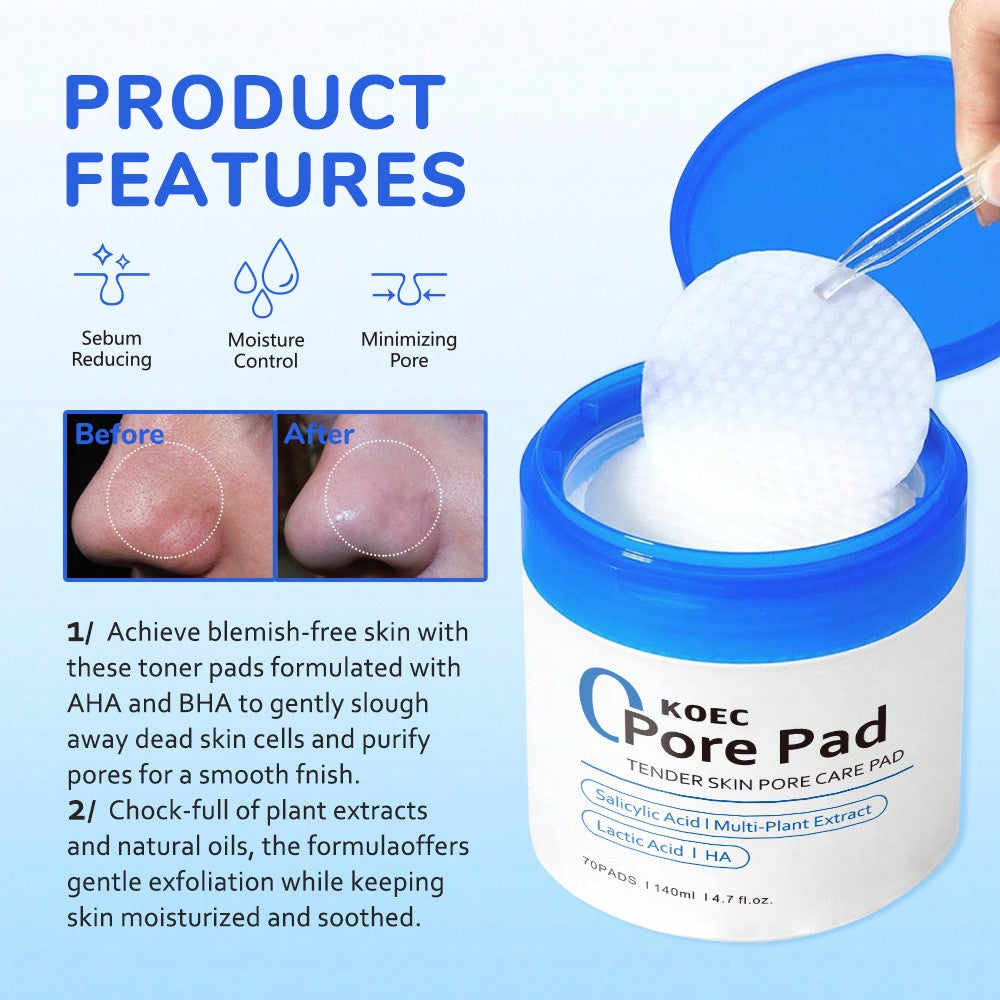 KOEC KOEC Zero Pore Pads 70Pads, Dual-Textured Facial Toner Pads For Exfoliation And Pore Care With AHA Lactic Acid