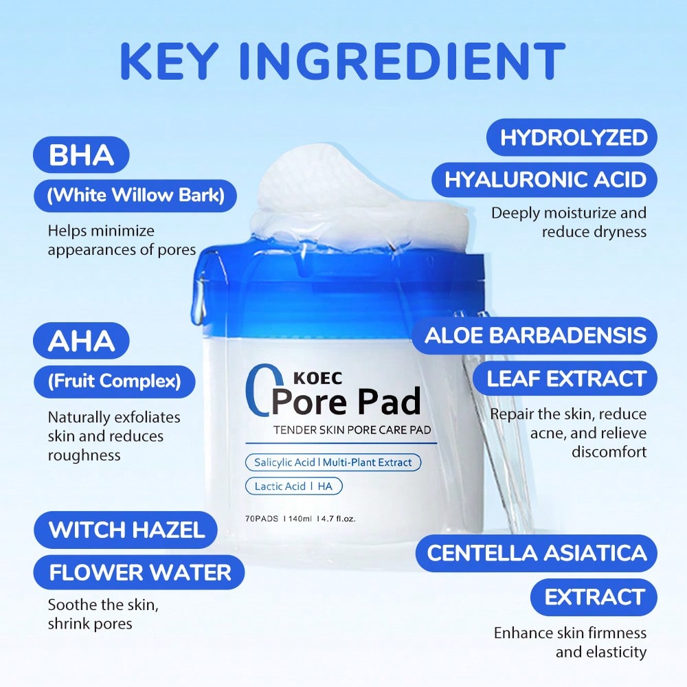 KOEC KOEC Zero Pore Pads 70Pads, Dual-Textured Facial Toner Pads For Exfoliation And Pore Care With AHA Lactic Acid