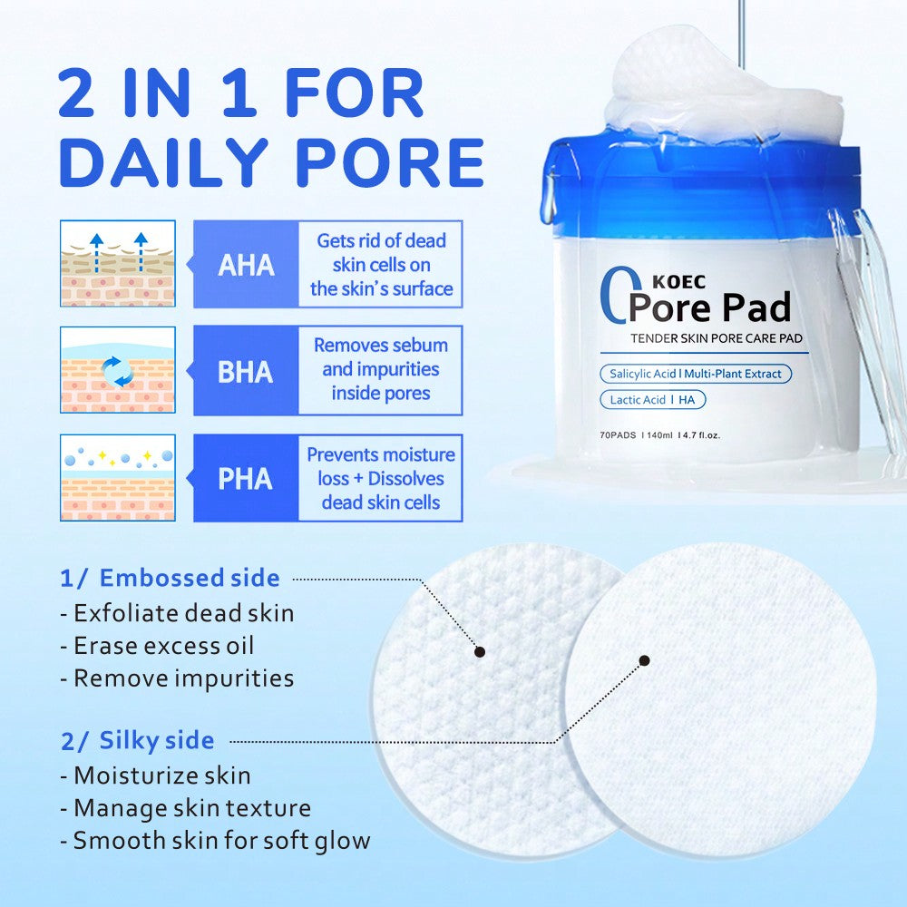 KOEC KOEC Zero Pore Pads 70Pads, Dual-Textured Facial Toner Pads For Exfoliation And Pore Care With AHA Lactic Acid