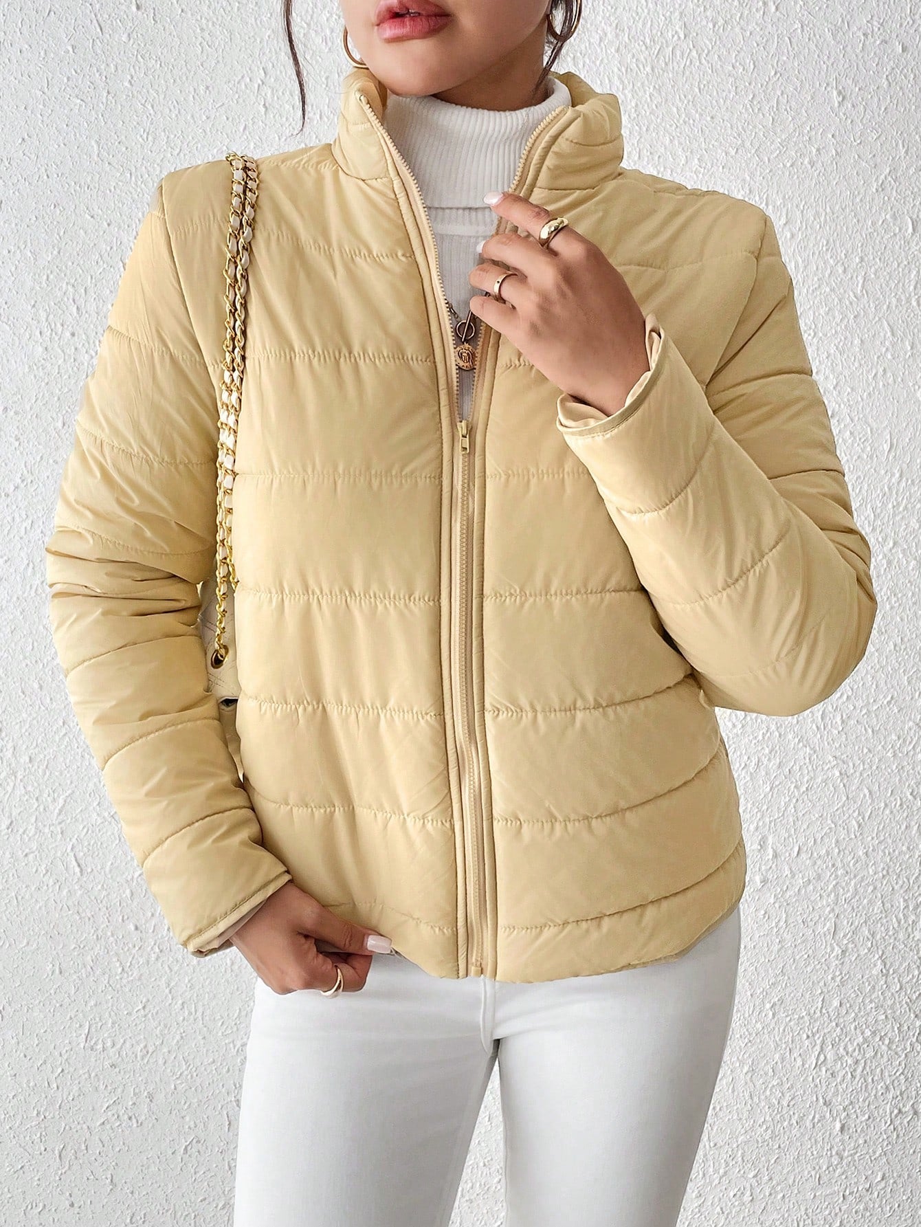 LUNE Stand Collar Plain Casual Puffer Jacket, Autumn/Winter Clothes