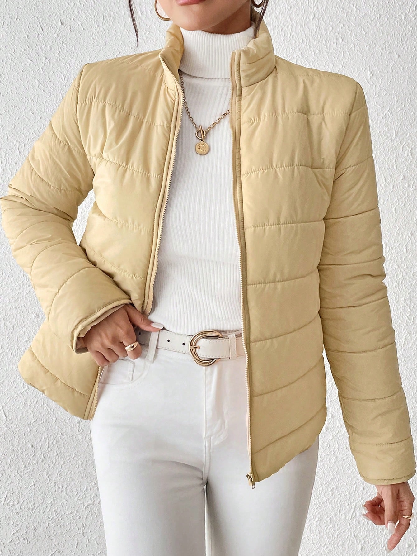 LUNE Stand Collar Plain Casual Puffer Jacket, Autumn/Winter Clothes