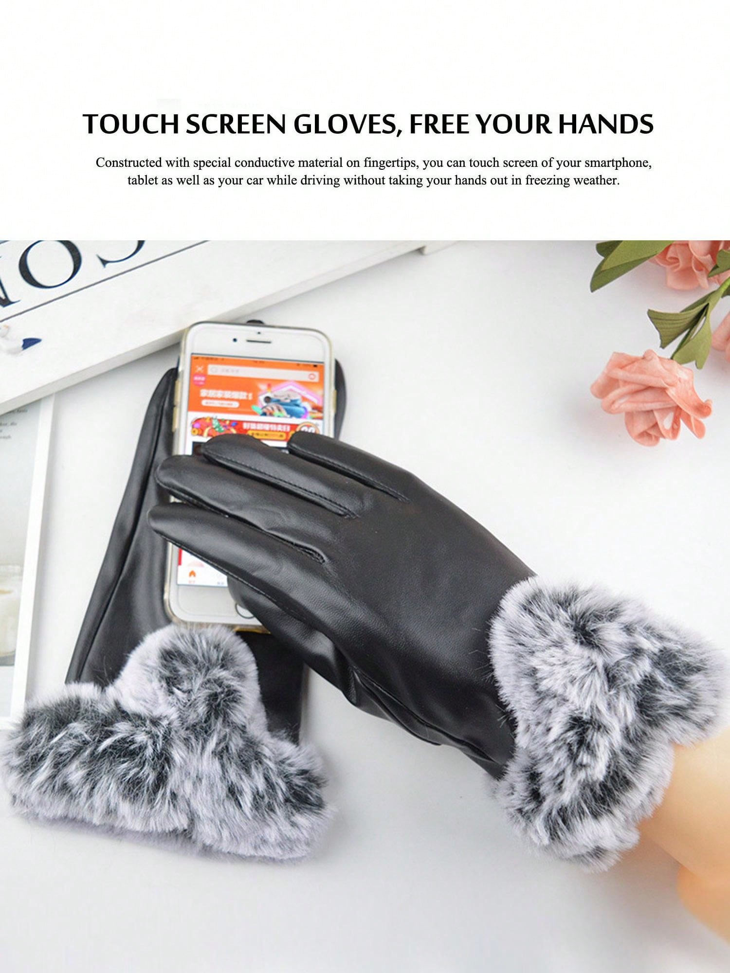 Luxtrada Womens PU Leather Gloves With Fleece Lining Windproof Touchscreen Fur Cuff Gloves For Cold Weather