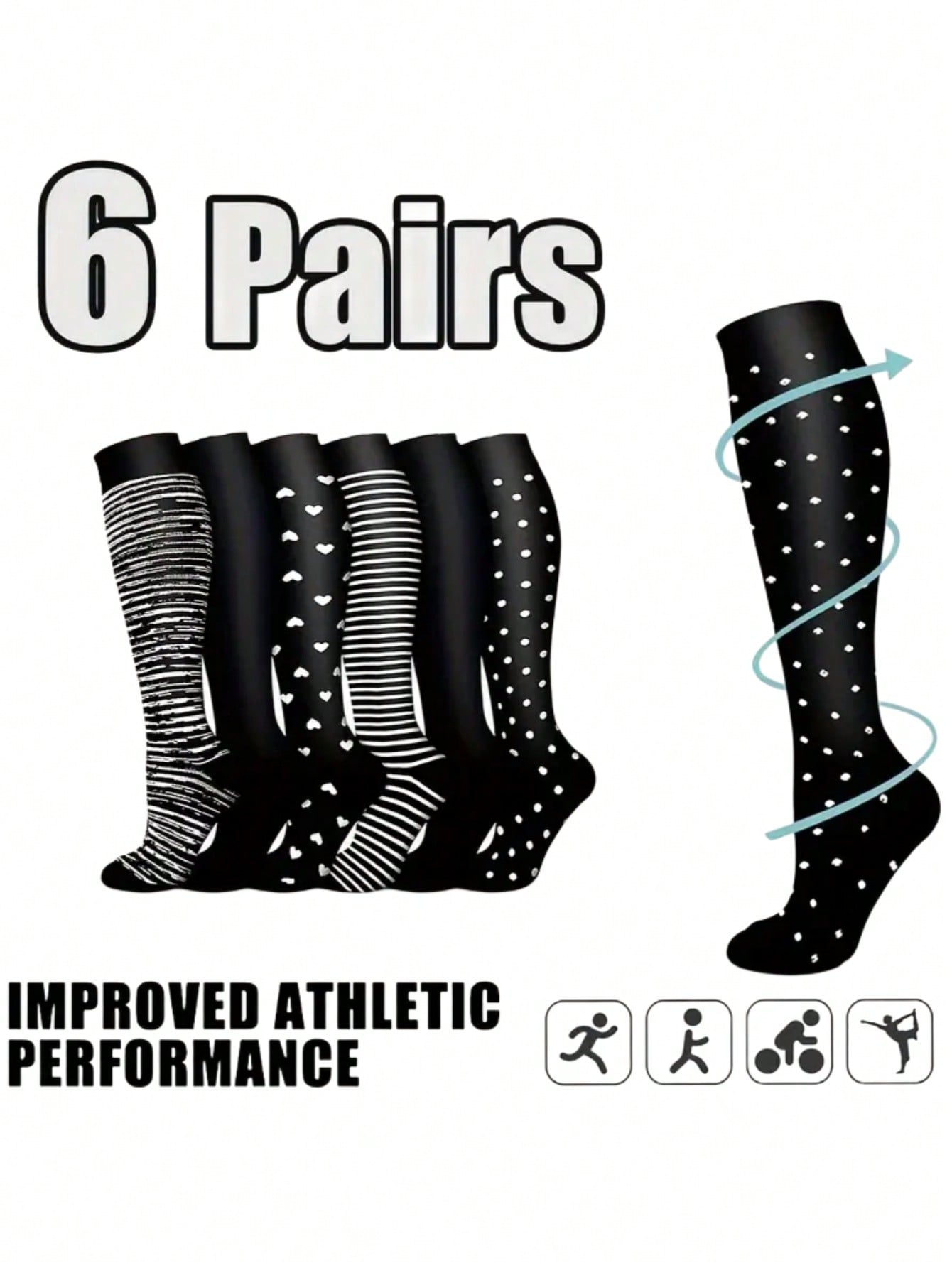 6 Pairs Of Compression Socks For Women And Men's Sports Socks, Breathable, Sweat-Absorbent, Comfortable, Nylon Blend Fabric, Suitable For Basketball, Football, Running, Hiking And Outdoor Activities
