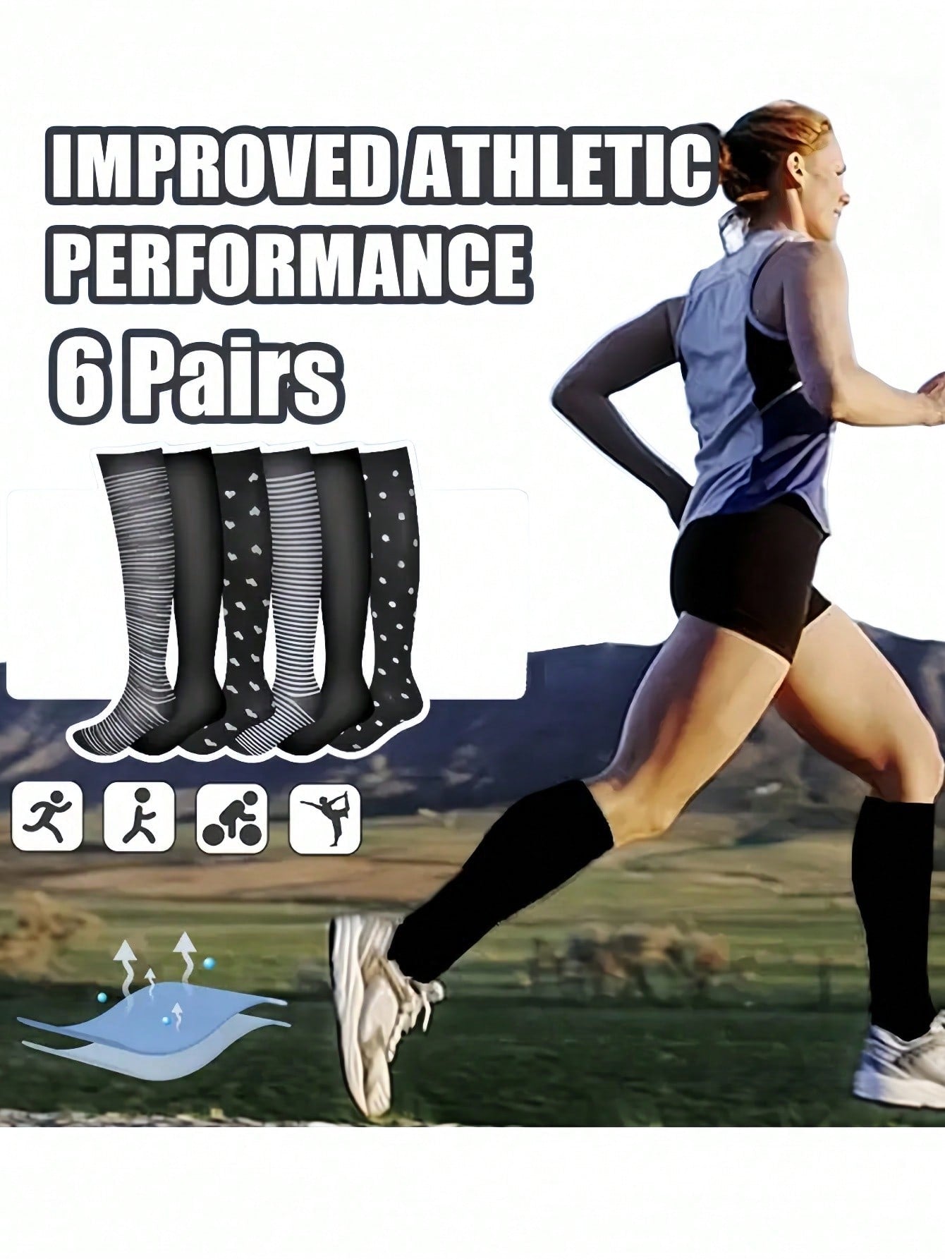 6 Pairs Of Compression Socks For Women And Men's Sports Socks, Breathable, Sweat-Absorbent, Comfortable, Nylon Blend Fabric, Suitable For Basketball, Football, Running, Hiking And Outdoor Activities