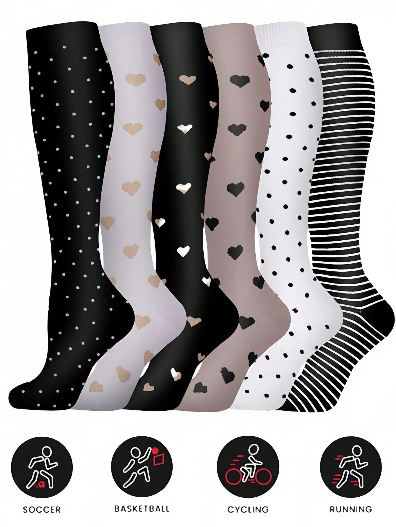 6 Pairs Of Compression Socks For Women And Men's Sports Socks, Breathable, Sweat-Absorbent, Comfortable, Nylon Blend Fabric, Suitable For Basketball, Football, Running, Hiking And Outdoor Activities