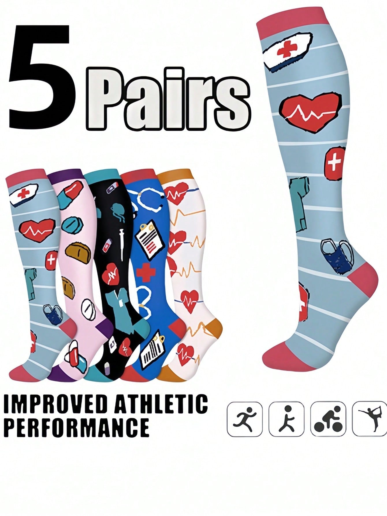 5 Pairs Women's Men's Athletic Socks Compression Socks Women's Men's Athletic Socks Cycling Adult Support Hose Circulation Running, Cycling, Hiking, Travel Socks